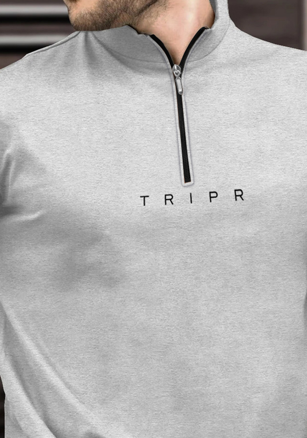 Image of TRIPR Men Solid Mandarin Collar Cotton Blend Grey T-Shirt