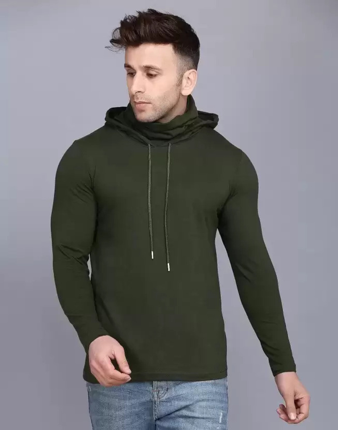 Image of Silcoba Men Solid Hooded Neck Cotton Blend Green T-Shirt