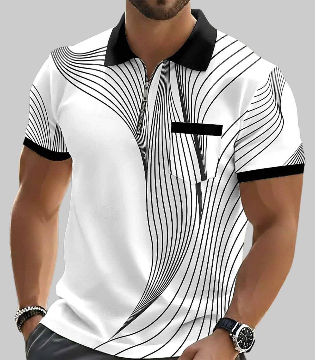 Image of TAZO Men Printed Polo Neck Cotton Blend Blue, White T-Shirt