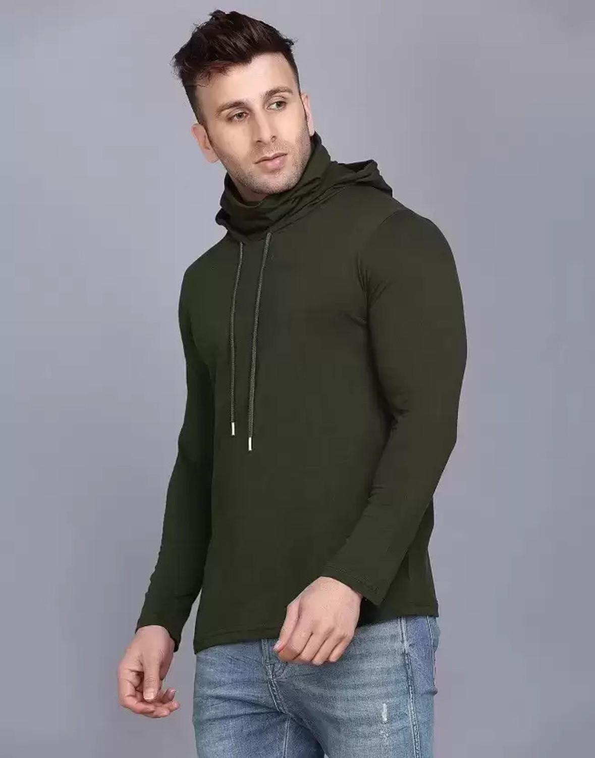 Image of Silcoba Men Solid Hooded Neck Cotton Blend Green T-Shirt