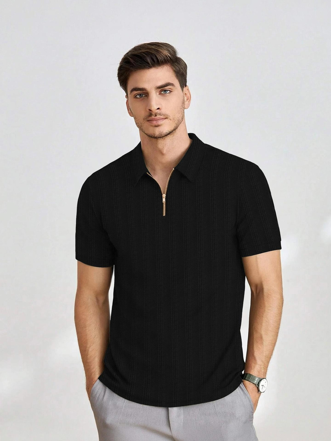 KAJARU Self Design Men Polo Neck Black T-Shirt