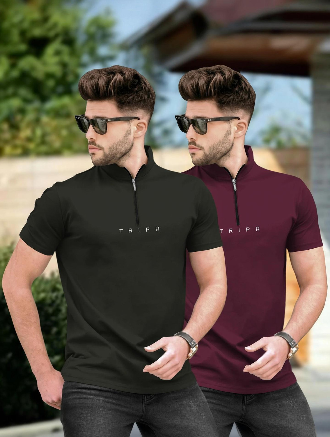 Image of TRIPR Men Solid Mandarin Collar Cotton Blend Dark Green T-Shirt