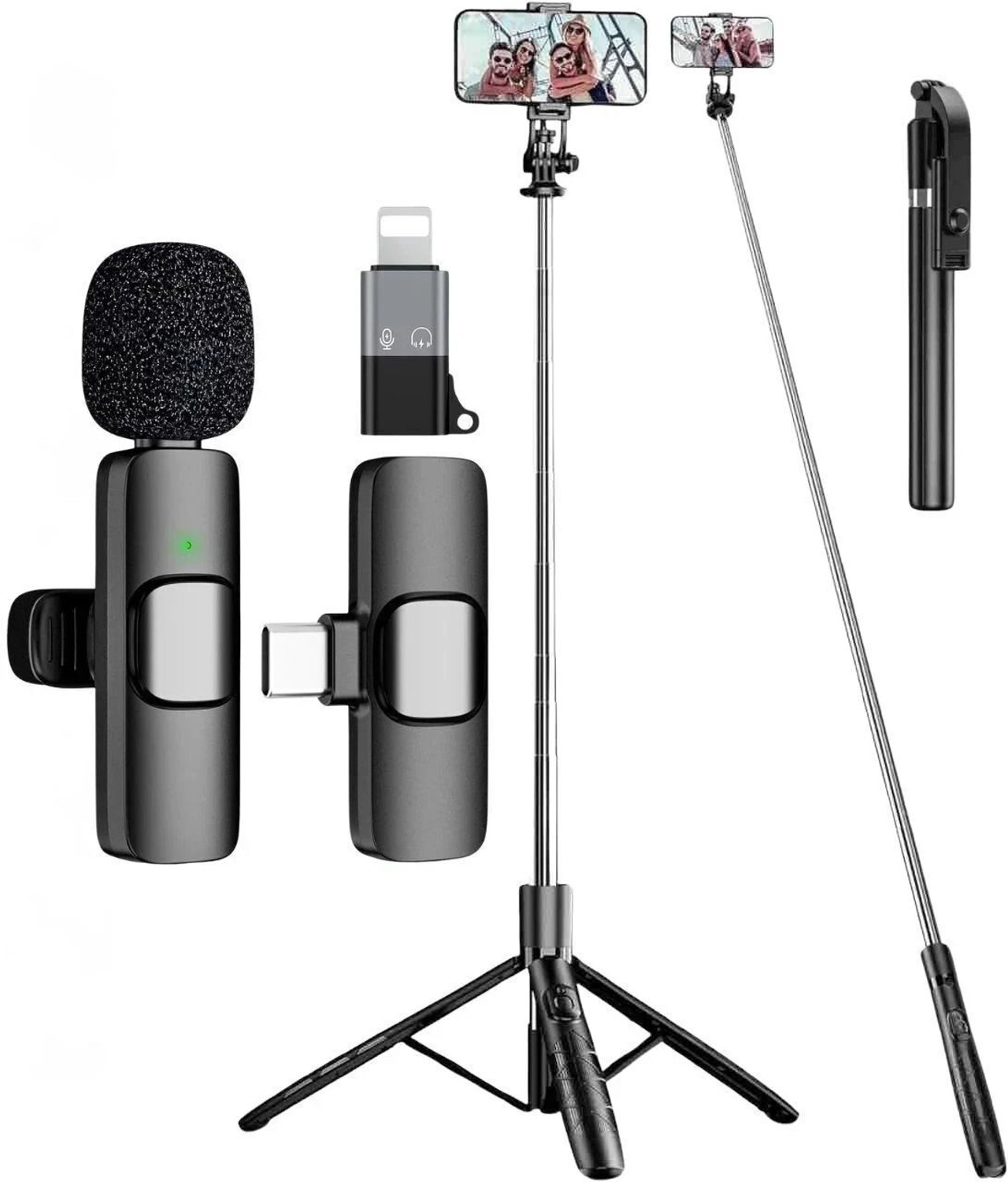 GADGETSWEAR (Combo with Wireless Mic) Selfie Stick with Tripod, 360 Degree Rotating Tripod Kit