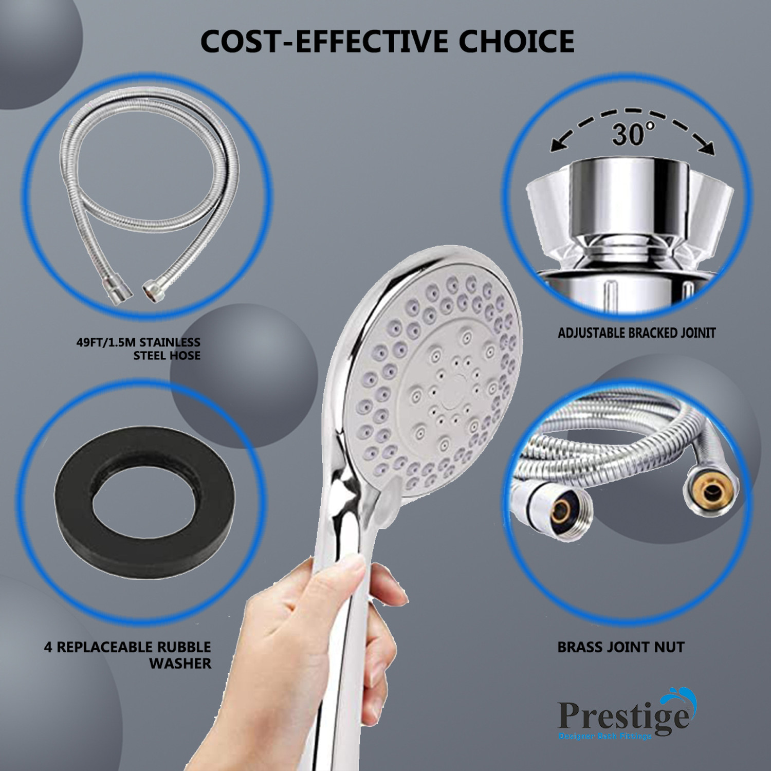 Image of Prestige 5 Function C-2 (ABS) 1.5mtr Flexible SS Tube And Wall Hook Shower Head