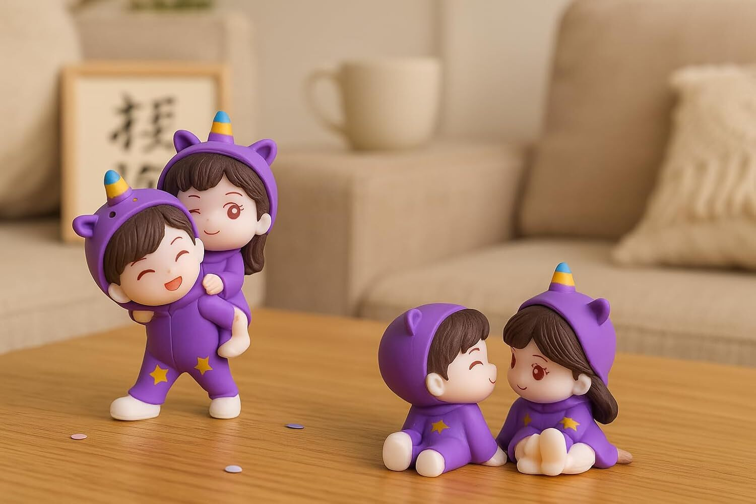 Image of Satyam Kraft 2 Set Couple Miniature in Purple Outfits | Boy & Girl Sitting Showpiece for Home Decorative Showpiece - 4 cm (Polyresin, Purple)
