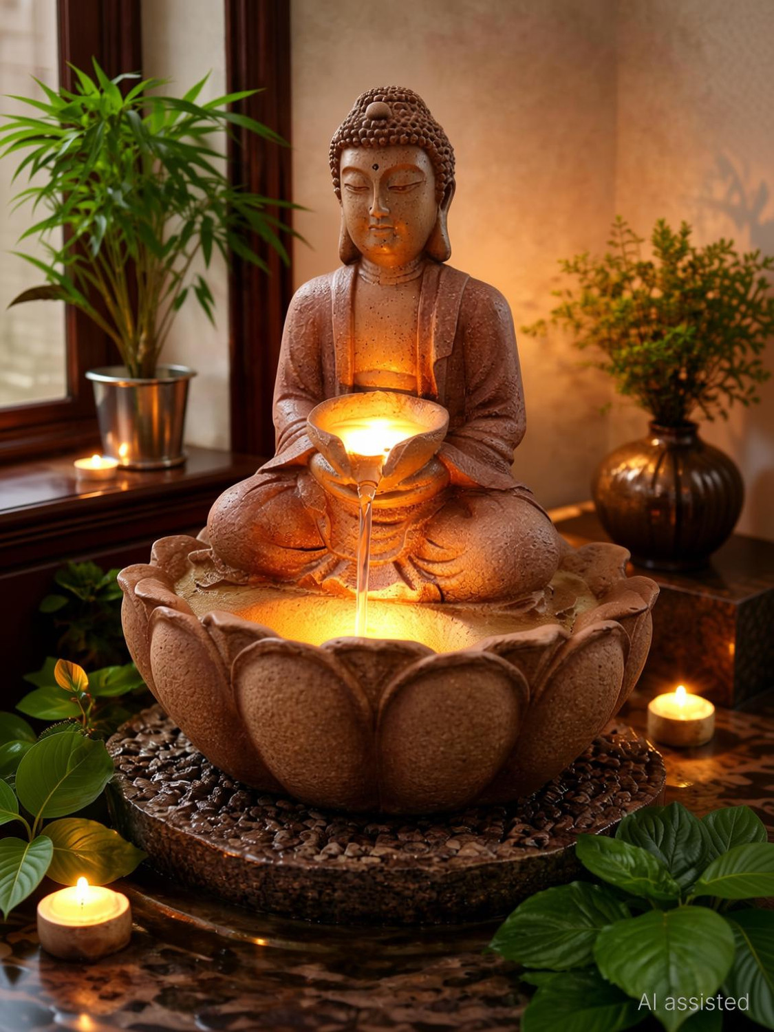Image of MCrafts kamal buddha beej color 15 inch for home office decor indoor water fountain Decorative Showpiece - 43 cm (Resin, Beige)
