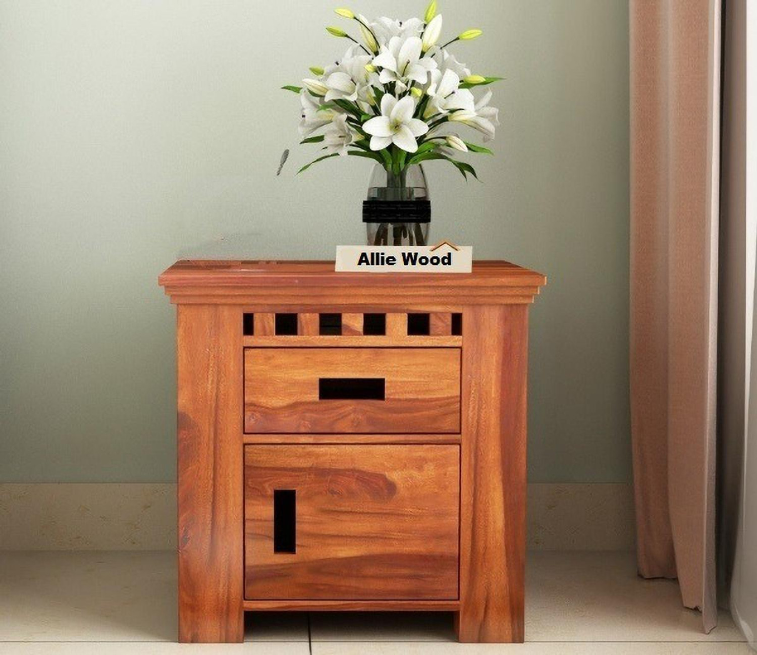 Allie Wood Sheesham Solid Wood Bedside Table Finish Color Honey