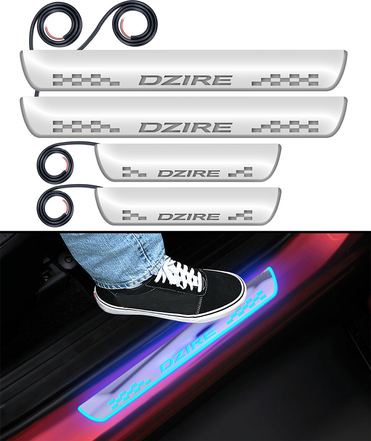 Image of FABTEC Mirror Finish Car Door Foot Step LED Sill Plate for dzire (Set of 4, Blue) Door Sill Plate