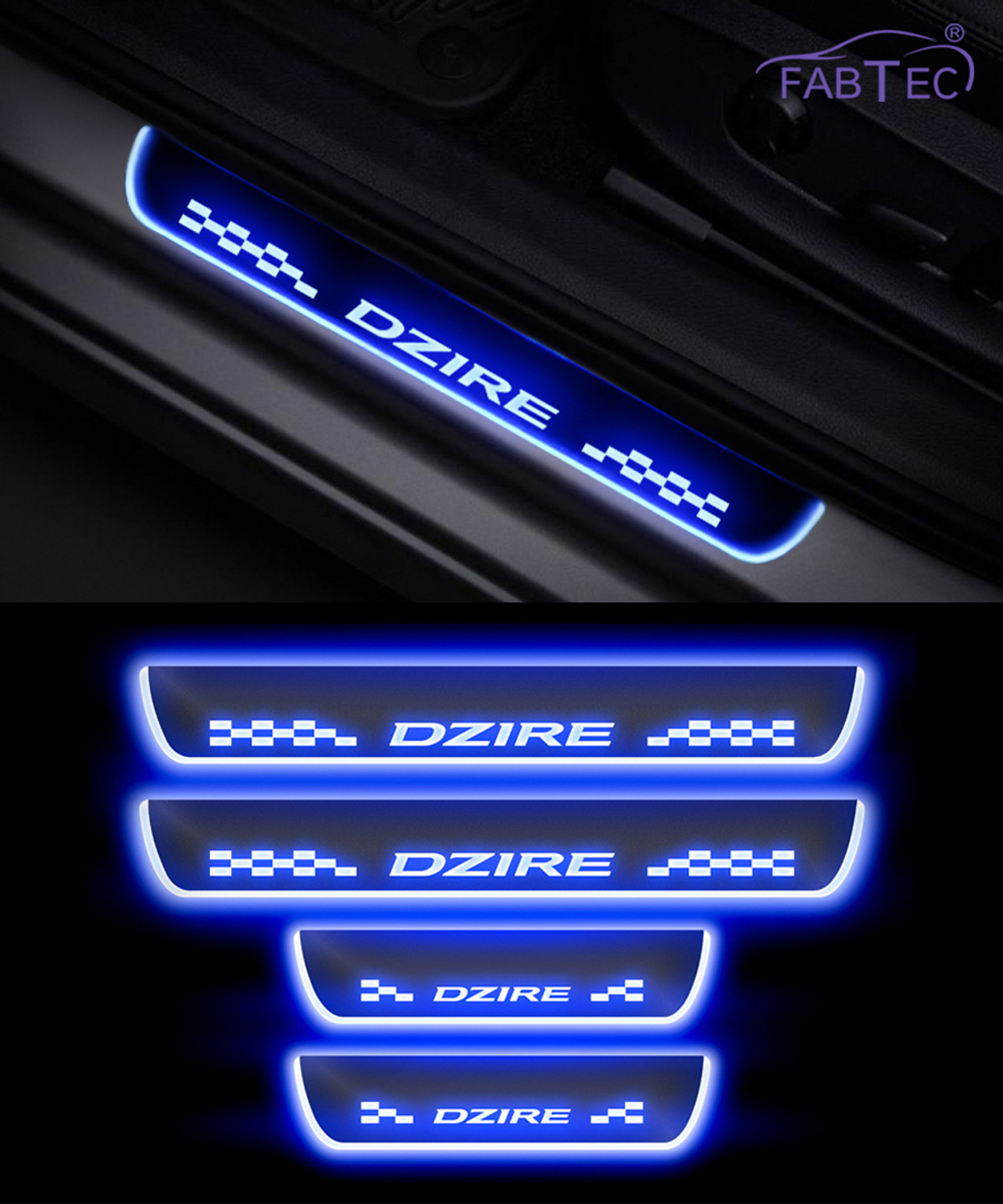 Image of FABTEC Mirror Finish Car Door Foot Step LED Sill Plate for dzire (Set of 4, Blue) Door Sill Plate