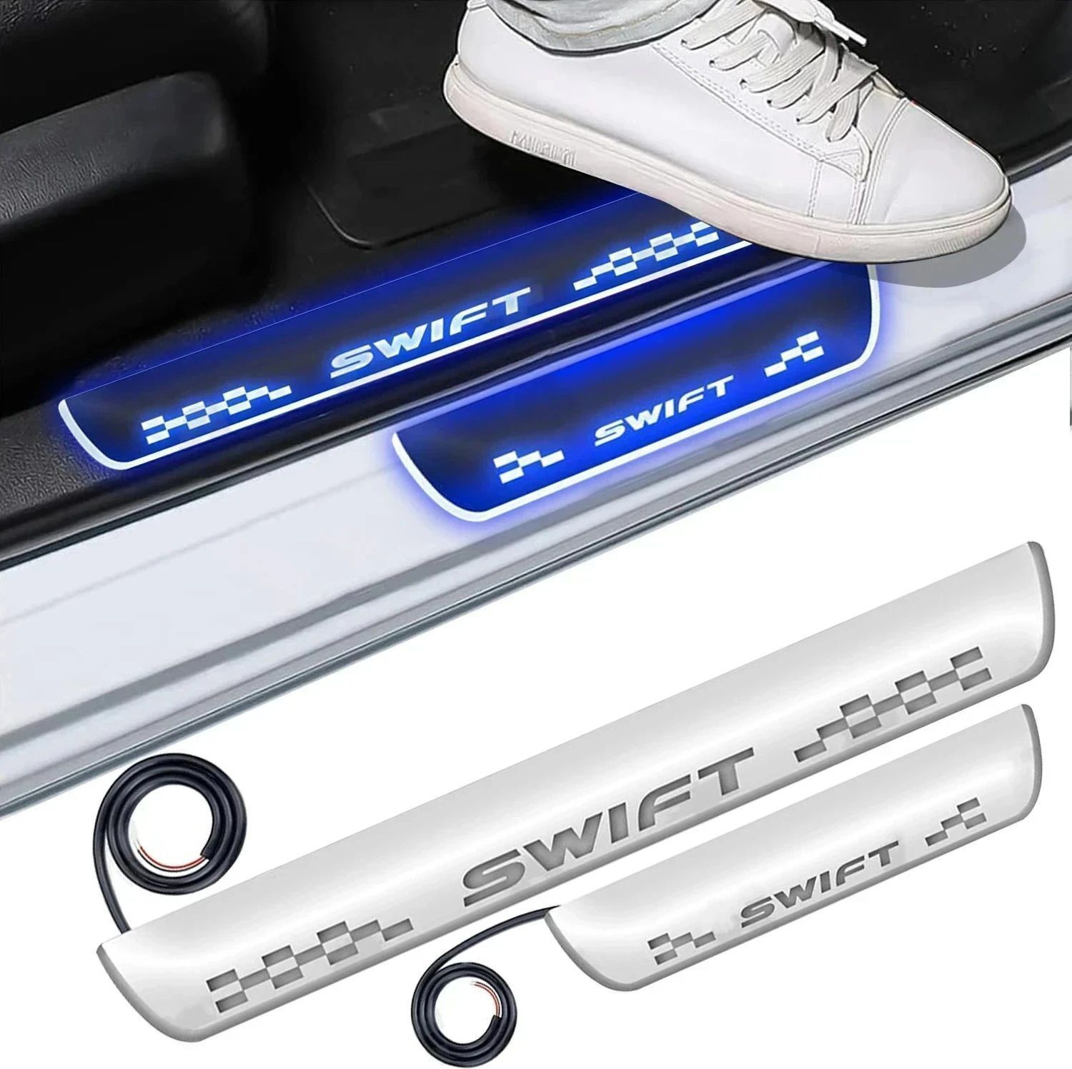 Image of FABTEC Mirror Finish Car Door Foot Step LED Sill Plate for dzire (Set of 4, Blue) Door Sill Plate