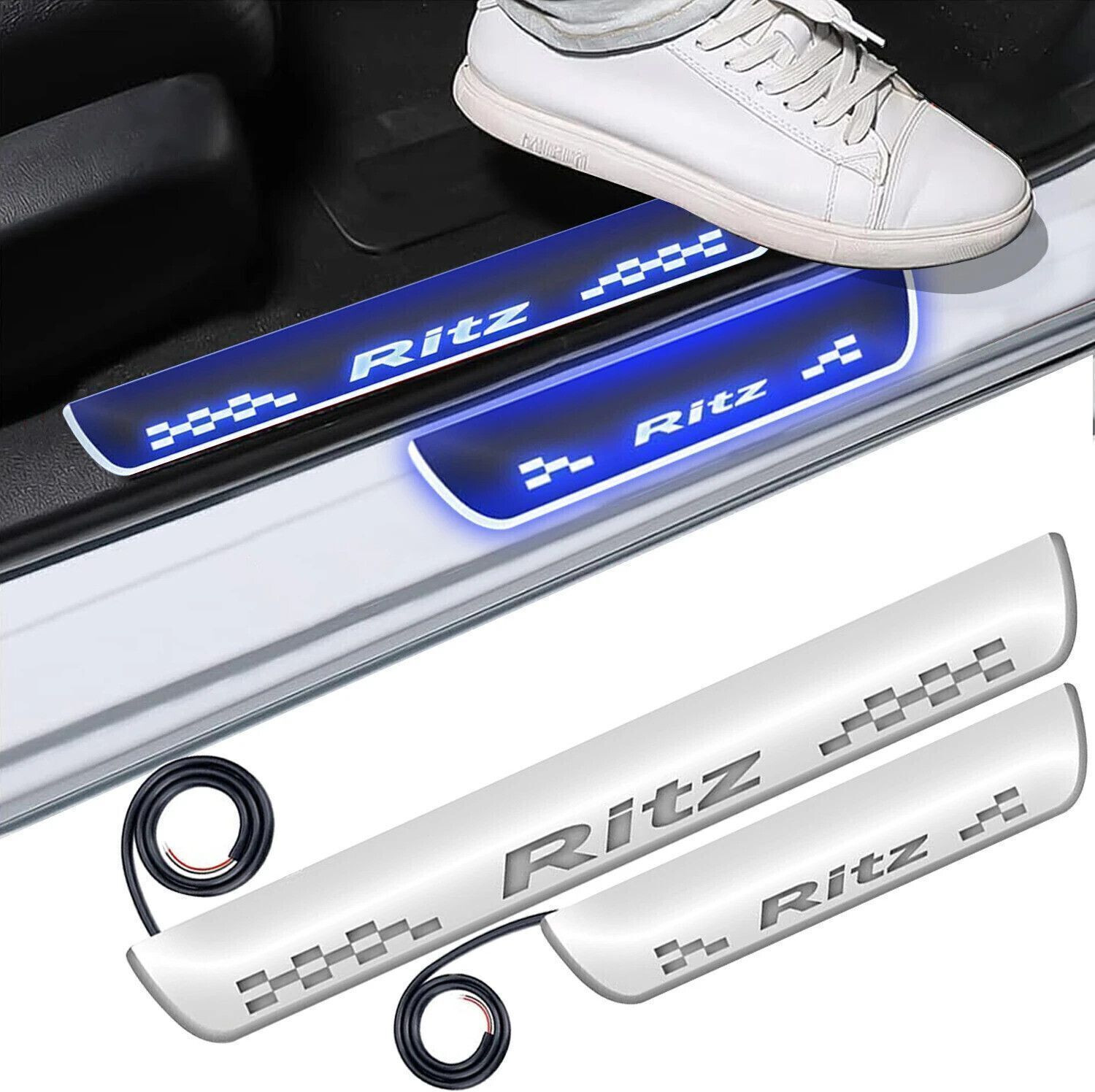 Image of FABTEC Mirror Finish Car Door Foot Step LED Sill Plate for dzire (Set of 4, Blue) Door Sill Plate