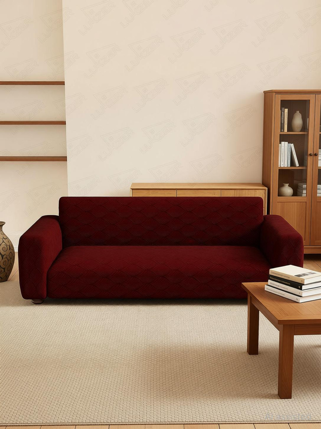 Image of LUKZER Jacquard 2 Seater Sofa Abstract Cover (Pack of 1 Pastel Deep Maroon Leaf Trail)