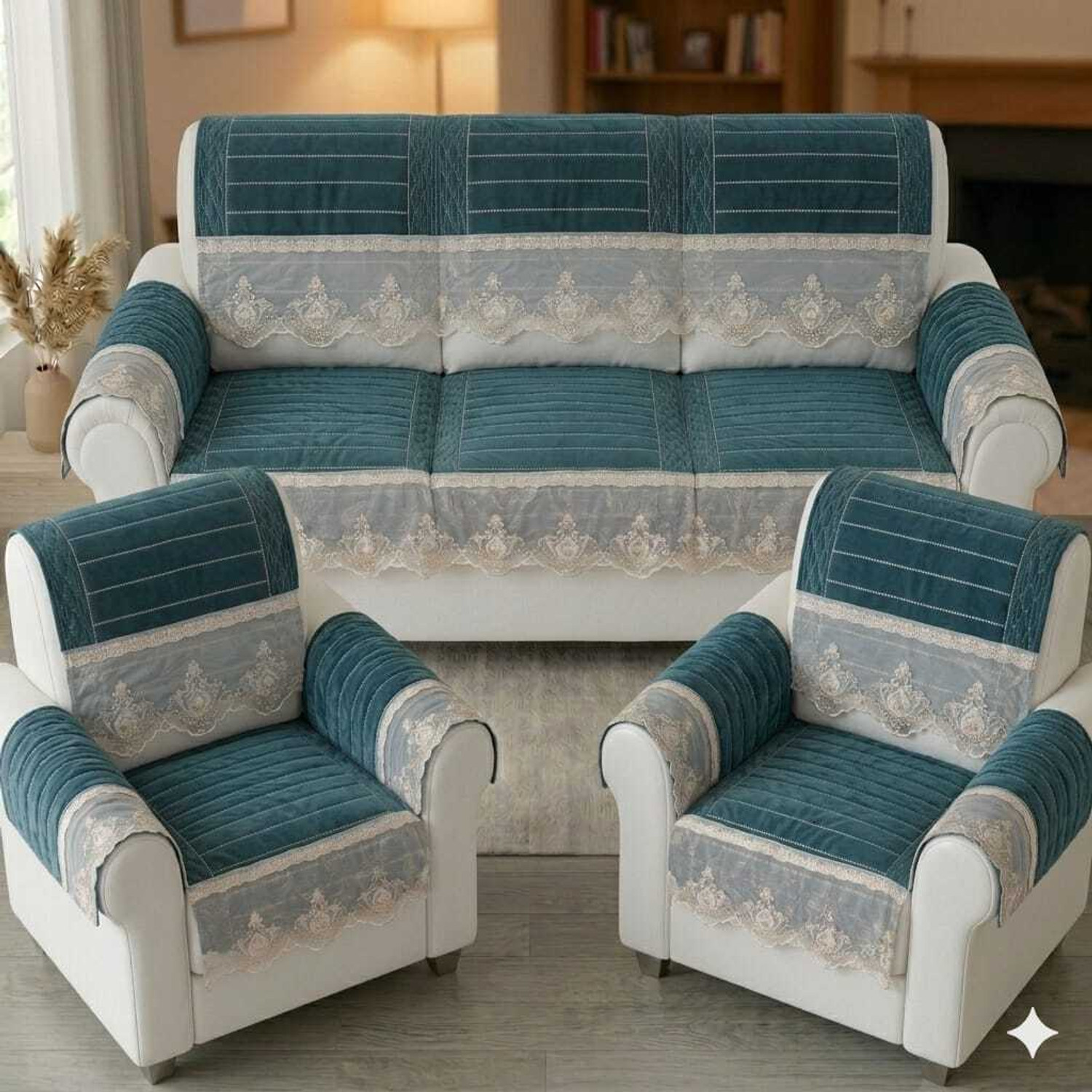 Image of BIHARFT Fabric 3 + 1 + 1 Sofa Set (GREEN, DIY(Do-It-Yourself))