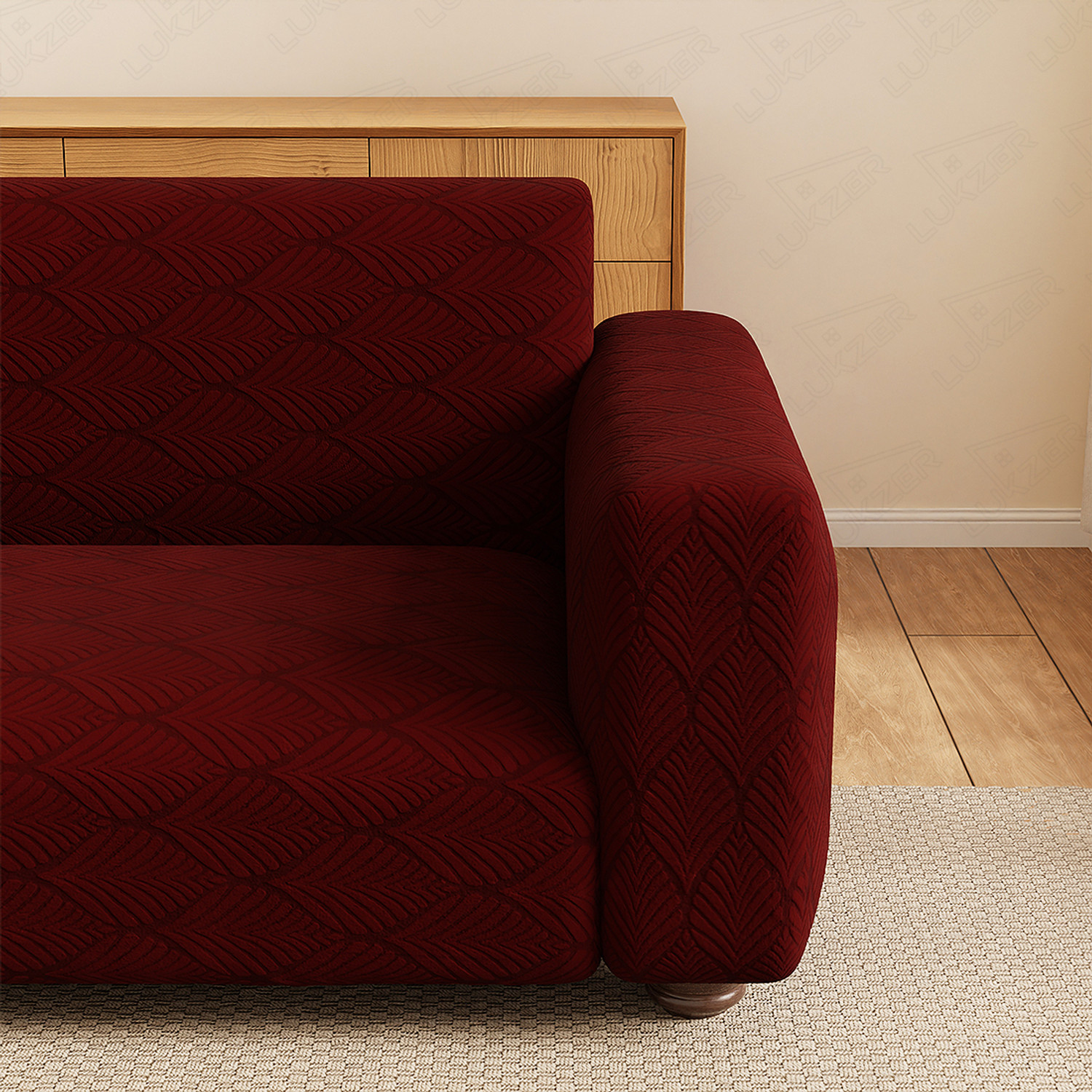 Image of LUKZER Jacquard 2 Seater Sofa Abstract Cover (Pack of 1 Pastel Deep Maroon Leaf Trail)