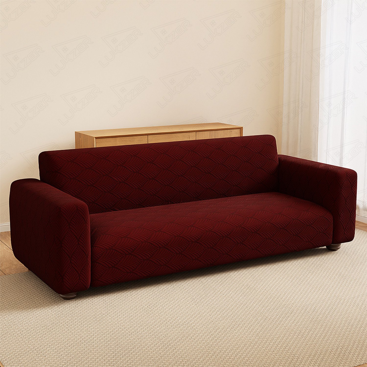 Image of LUKZER Jacquard 2 Seater Sofa Abstract Cover (Pack of 1 Pastel Deep Maroon Leaf Trail)