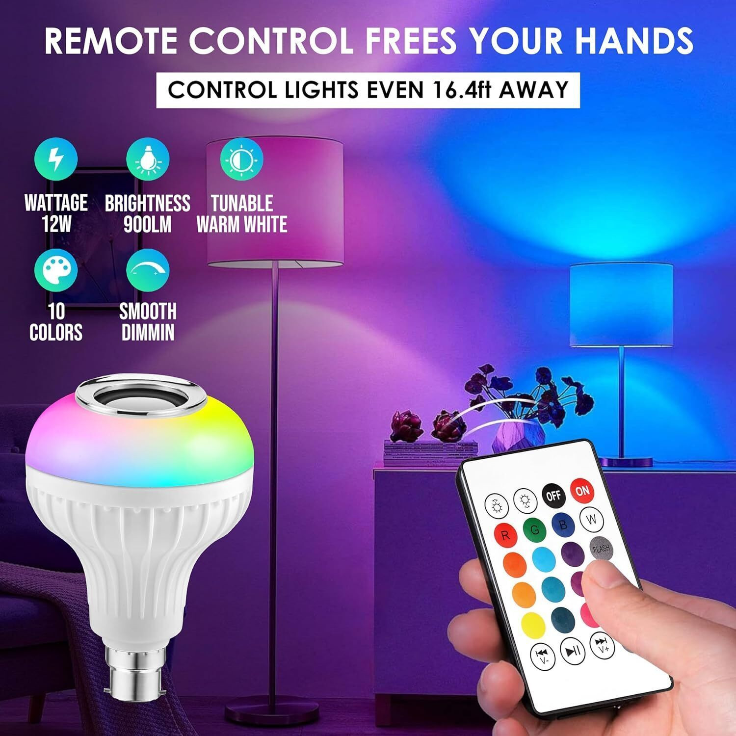 Image of REXBURG 220 W Bluetooth Round B24 LED Bulb (Multicolor, RGB, Red, Pink, Purple, Green, Gold)