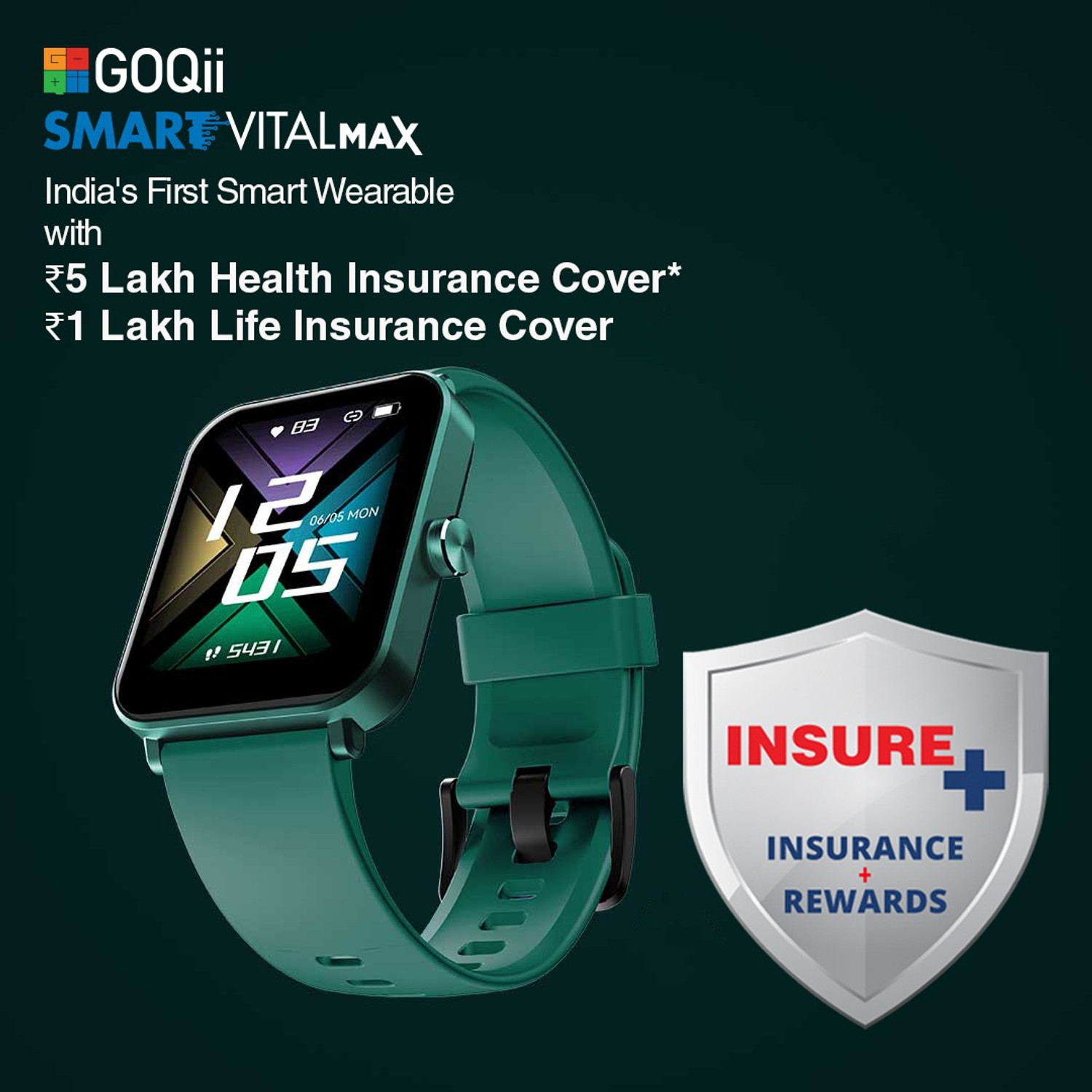 Image of GOQii Smart Vital MAX 5 Lakhs Health & 1 Lakhs Life Insurance Covered Smartwatch