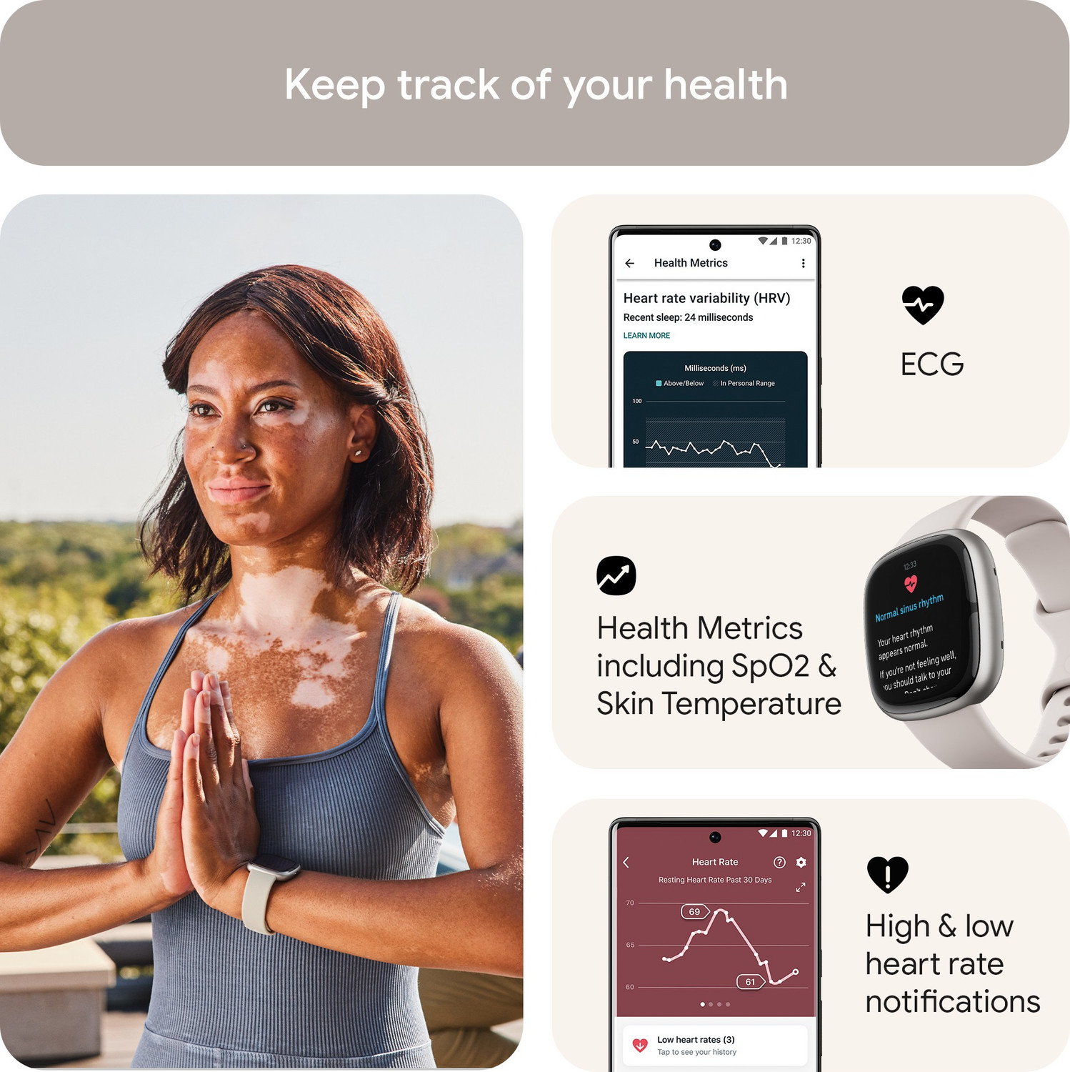 Image of FITBIT Sense 2 Health & Fitness Watch (Lunar White / Platinum Aluminium) Smartwatch