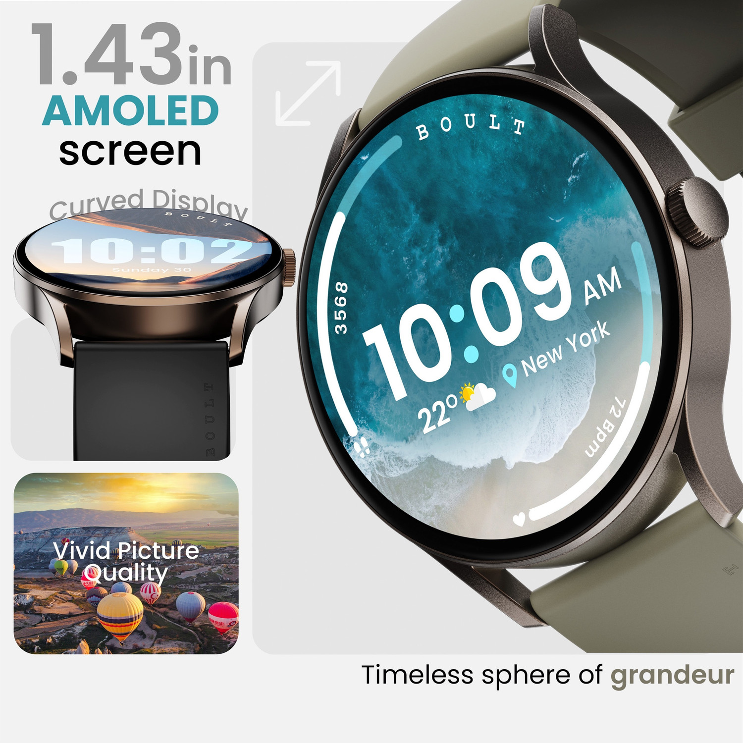 Image of GOBOULT Rover Pro 1.43'' AMOLED Display, BT Calling, 1000 Nits Brightness Smartwatch (Icon Strap, Free Size)