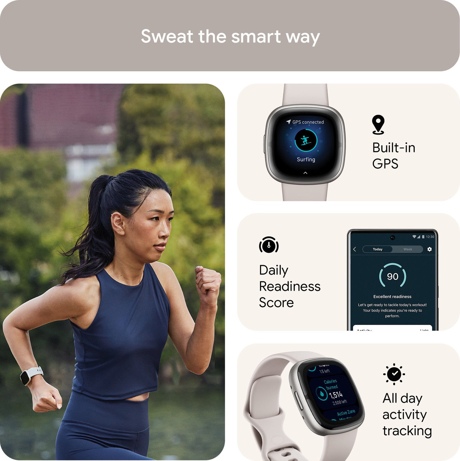 Image of FITBIT Sense 2 Health & Fitness Watch (Lunar White / Platinum Aluminium) Smartwatch