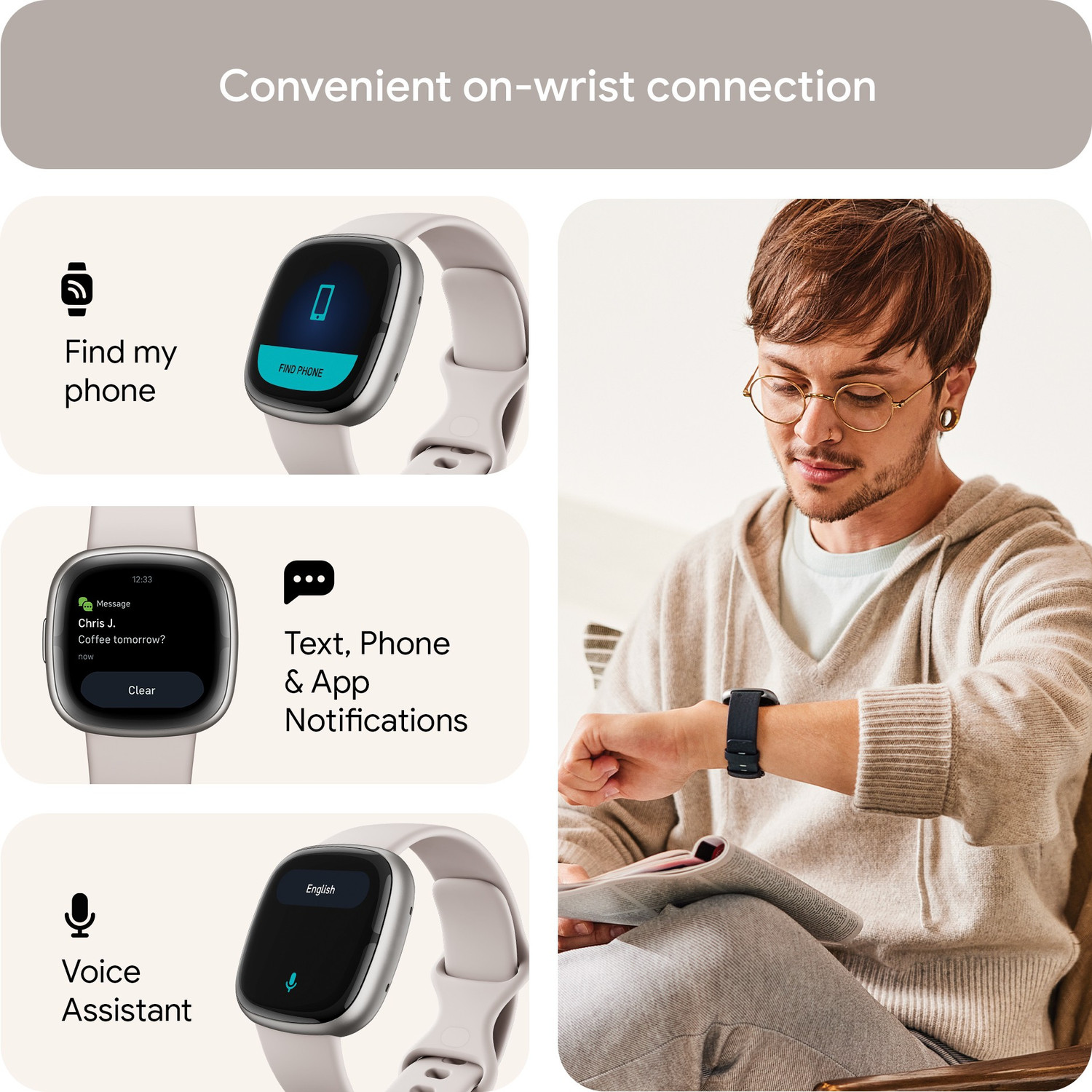 Image of FITBIT Sense 2 Health & Fitness Watch (Lunar White / Platinum Aluminium) Smartwatch