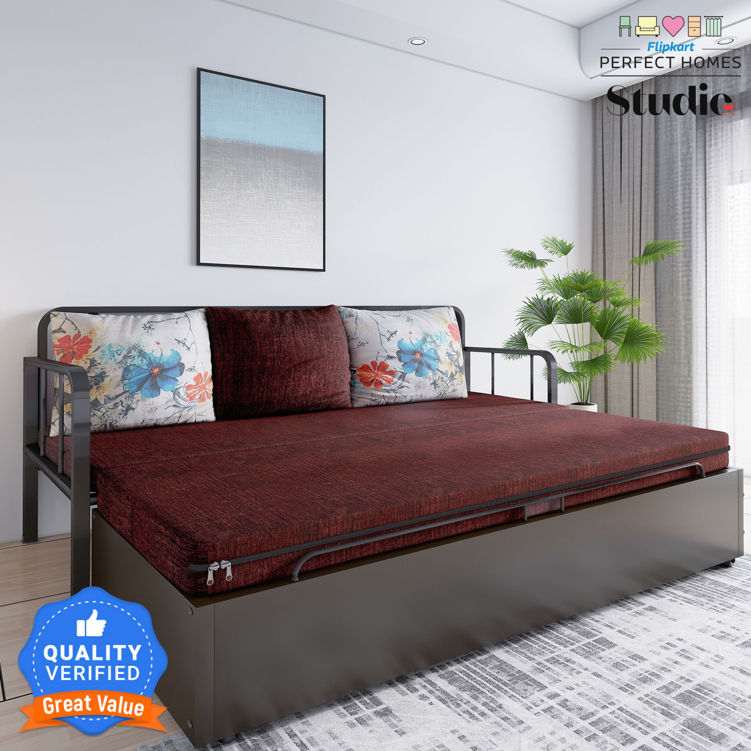 Image of Dr Smith Sofa Cum Bed with Armrest, Velvet Fabric Couch for Living Room 3 Seater Single Foam Fold Out Sofa Cum Bed (Finish Color - Black Delivery Condition - Pre-assembled)