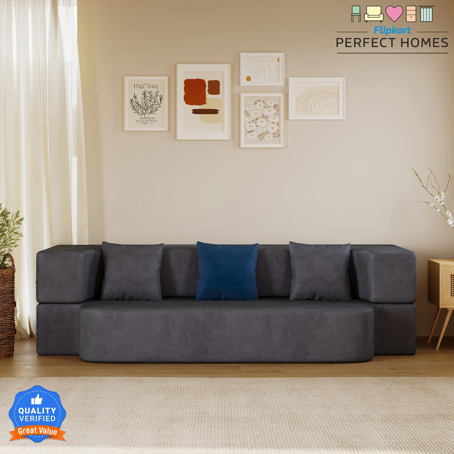 Image of Dr Smith Sofa Cum Bed with Armrest, Velvet Fabric Couch for Living Room 3 Seater Single Foam Fold Out Sofa Cum Bed (Finish Color - Black Delivery Condition - Pre-assembled)