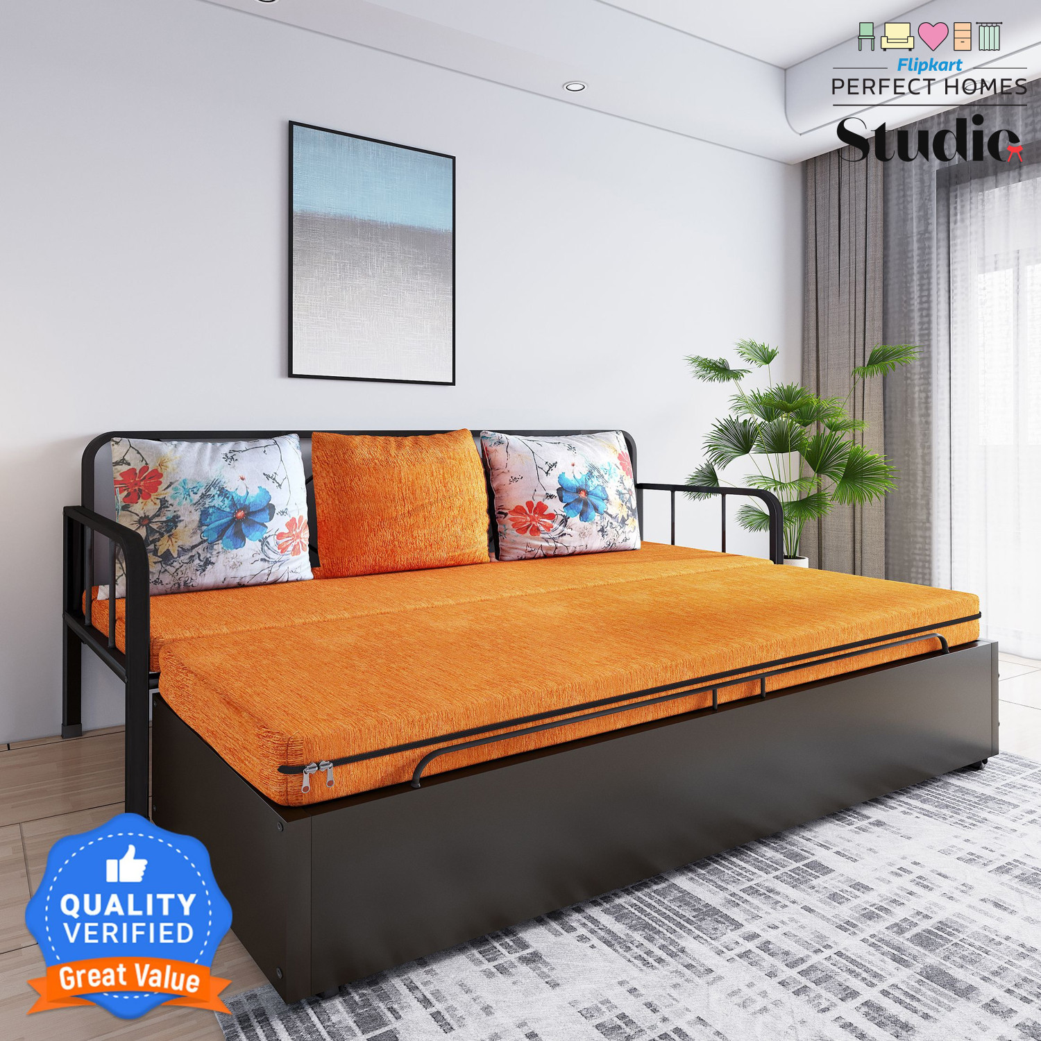 Image of Dr Smith Sofa Cum Bed with Armrest, Velvet Fabric Couch for Living Room 3 Seater Single Foam Fold Out Sofa Cum Bed (Finish Color - Black Delivery Condition - Pre-assembled)