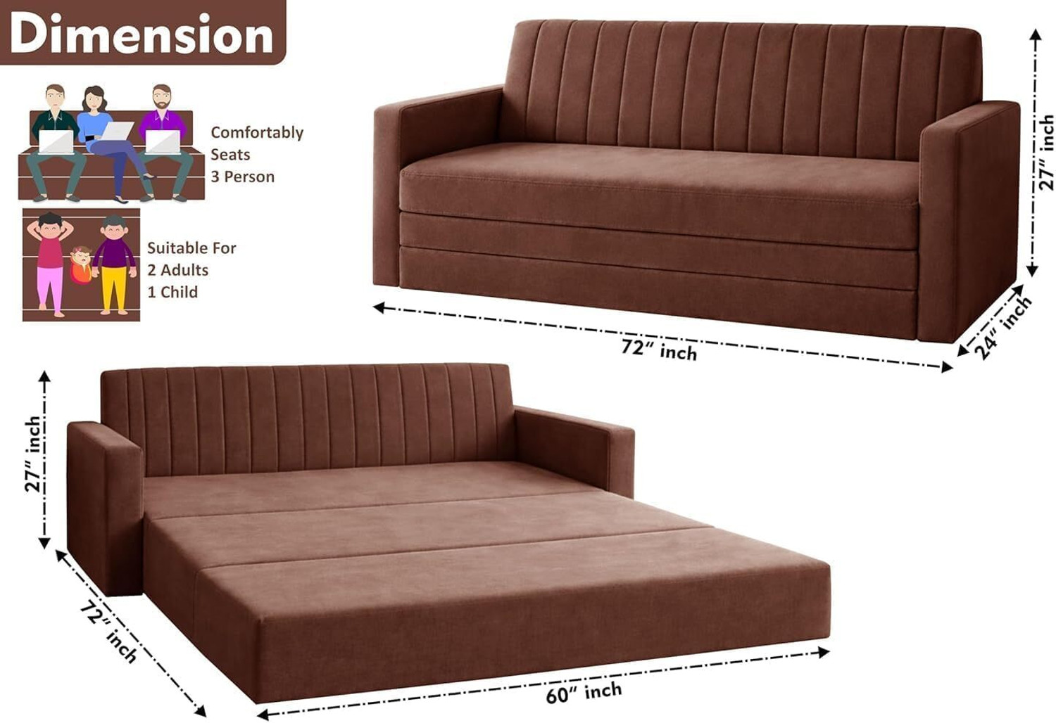 Image of Dr Smith Sofa Cum Bed with Armrest, Velvet Fabric Couch for Living Room 3 Seater Single Foam Fold Out Sofa Cum Bed (Finish Color - Brown Delivery Condition - Pre-assembled)