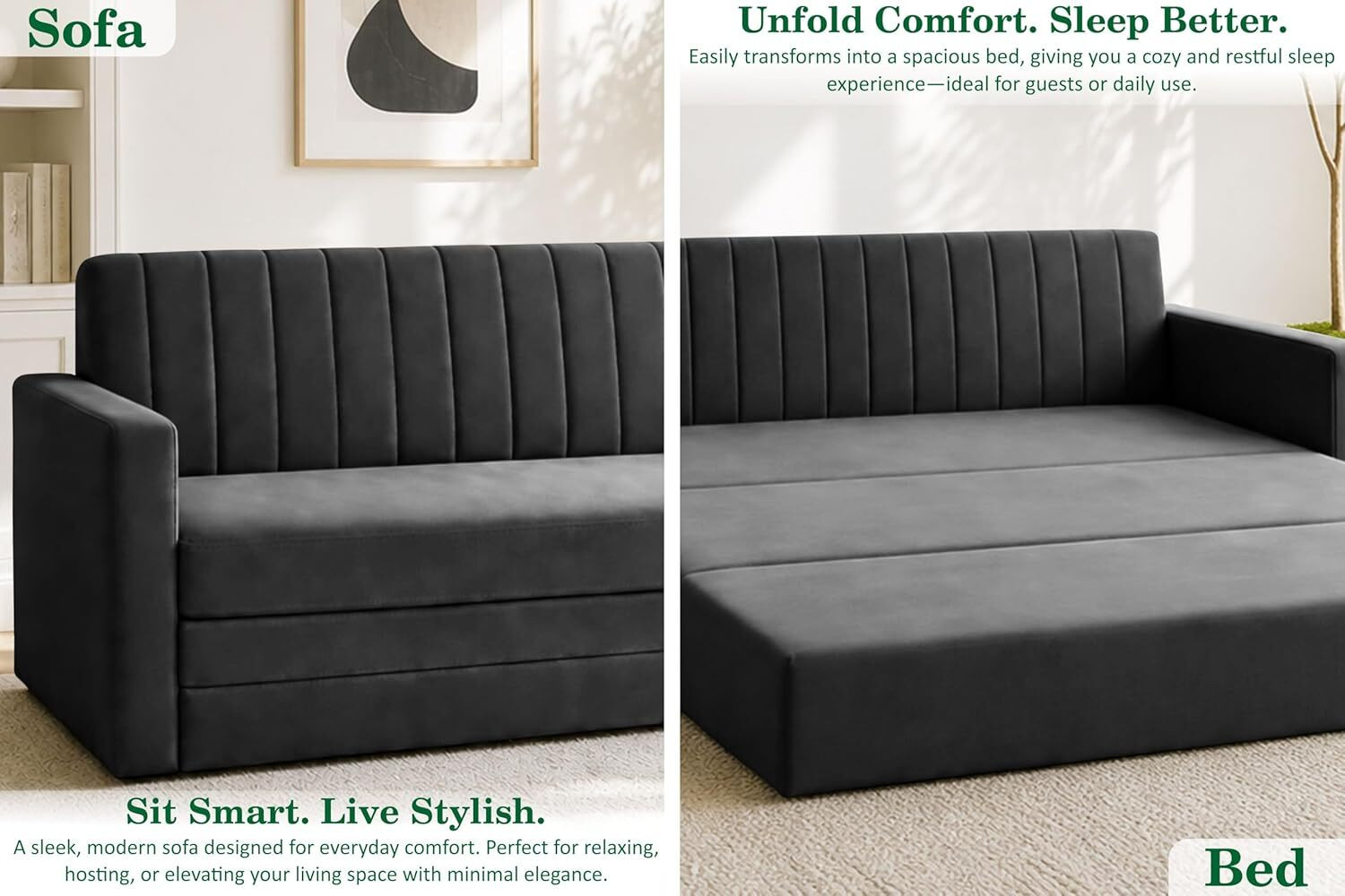 Image of Dr Smith Sofa Cum Bed with Armrest, Velvet Fabric Couch for Living Room 3 Seater Single Foam Fold Out Sofa Cum Bed (Finish Color - Black Delivery Condition - Pre-assembled)