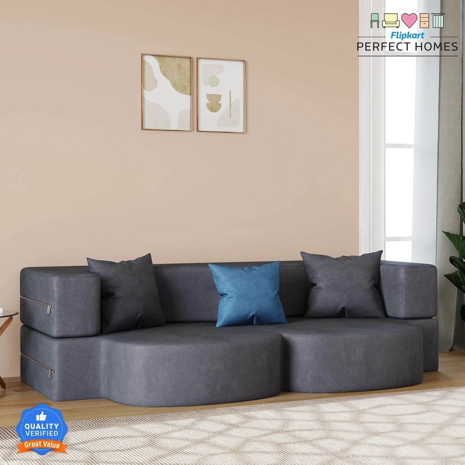Image of Dr Smith Sofa Cum Bed with Armrest, Velvet Fabric Couch for Living Room 3 Seater Single Foam Fold Out Sofa Cum Bed (Finish Color - Black Delivery Condition - Pre-assembled)