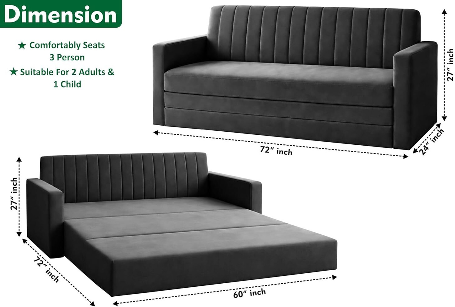 Image of Dr Smith Sofa Cum Bed with Armrest, Velvet Fabric Couch for Living Room 3 Seater Single Foam Fold Out Sofa Cum Bed (Finish Color - Black Delivery Condition - Pre-assembled)