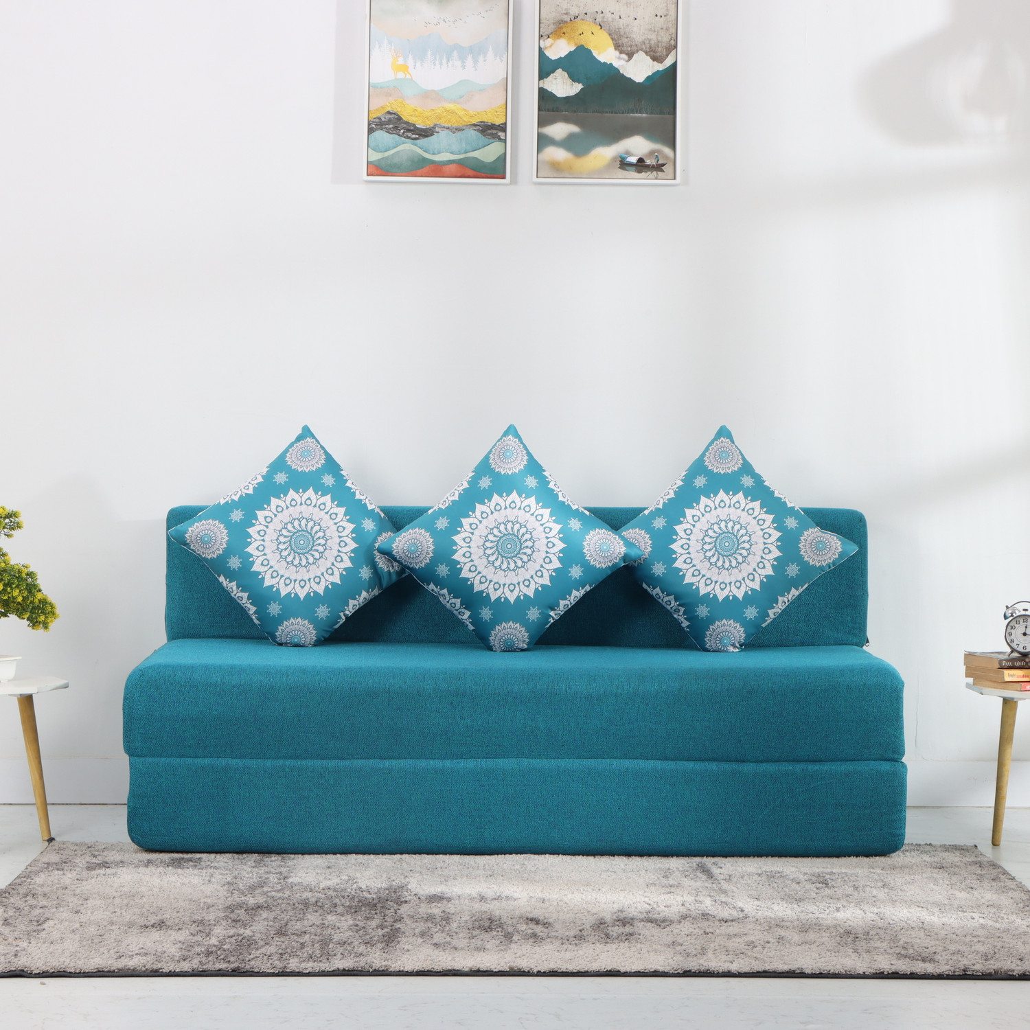 Solis Primus-comfort for all 5X6 size Sofa cum Bed for 3 Person- Jute Fabric Washable Cover with 3 Cushions Double Sofa Bed