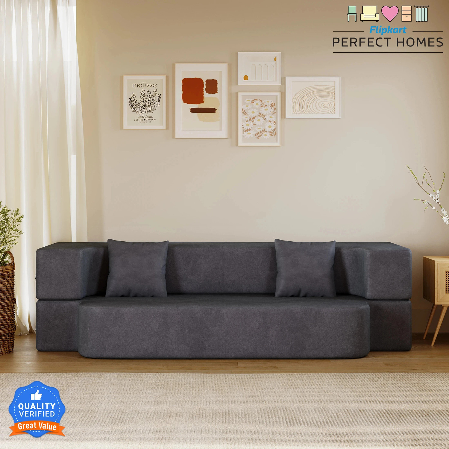 Image of Dr Smith Sofa Cum Bed with Armrest, Velvet Fabric Couch for Living Room 3 Seater Single Foam Fold Out Sofa Cum Bed (Finish Color - Black Delivery Condition - Pre-assembled)