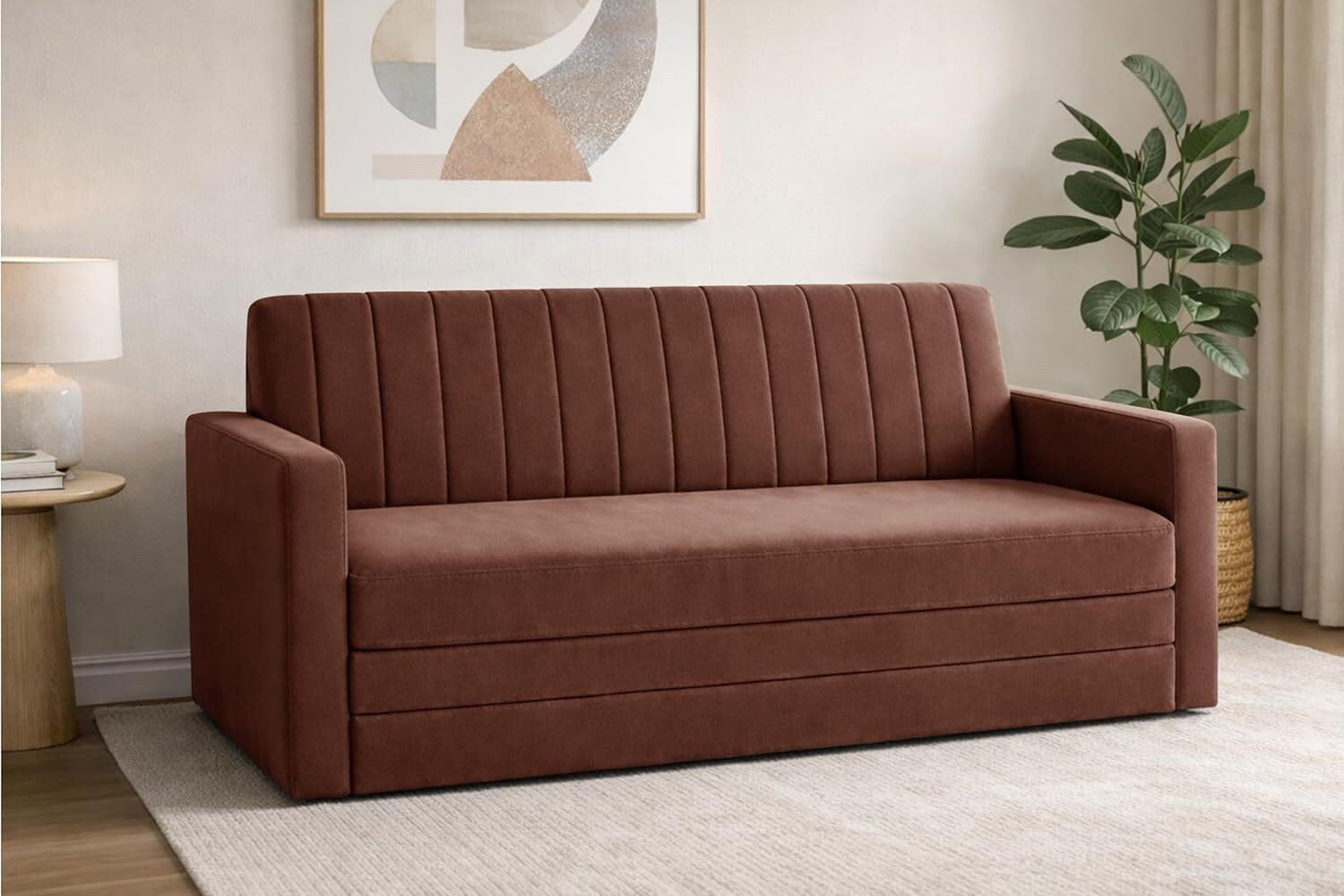 Image of Dr Smith Sofa Cum Bed with Armrest, Velvet Fabric Couch for Living Room 3 Seater Single Foam Fold Out Sofa Cum Bed (Finish Color - Brown Delivery Condition - Pre-assembled)