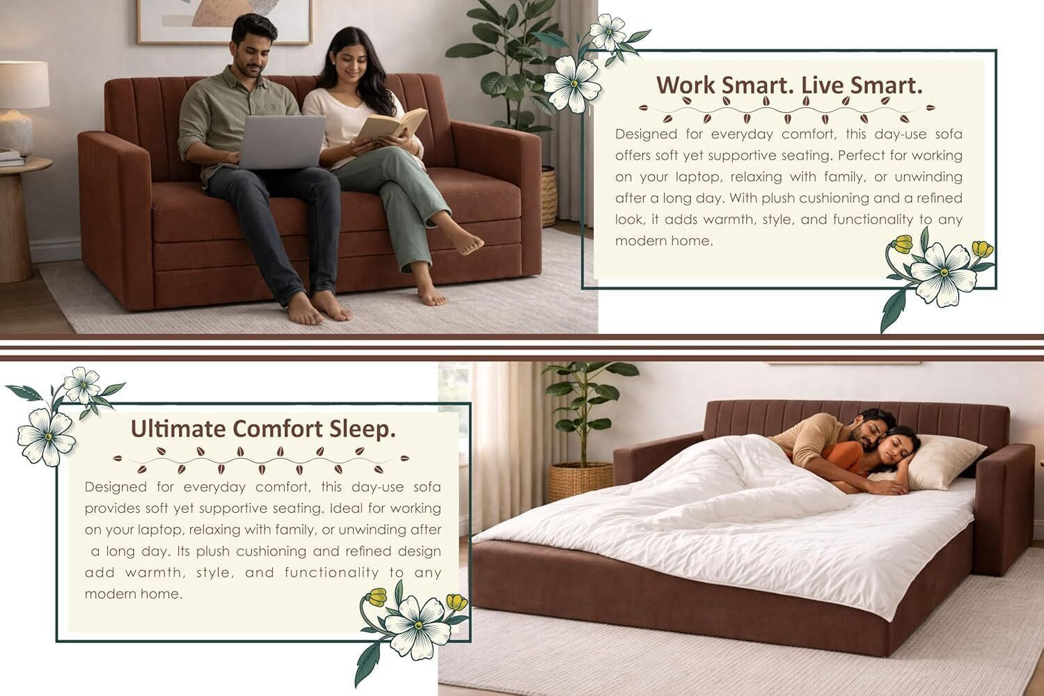Image of Dr Smith Sofa Cum Bed with Armrest, Velvet Fabric Couch for Living Room 3 Seater Single Foam Fold Out Sofa Cum Bed (Finish Color - Brown Delivery Condition - Pre-assembled)