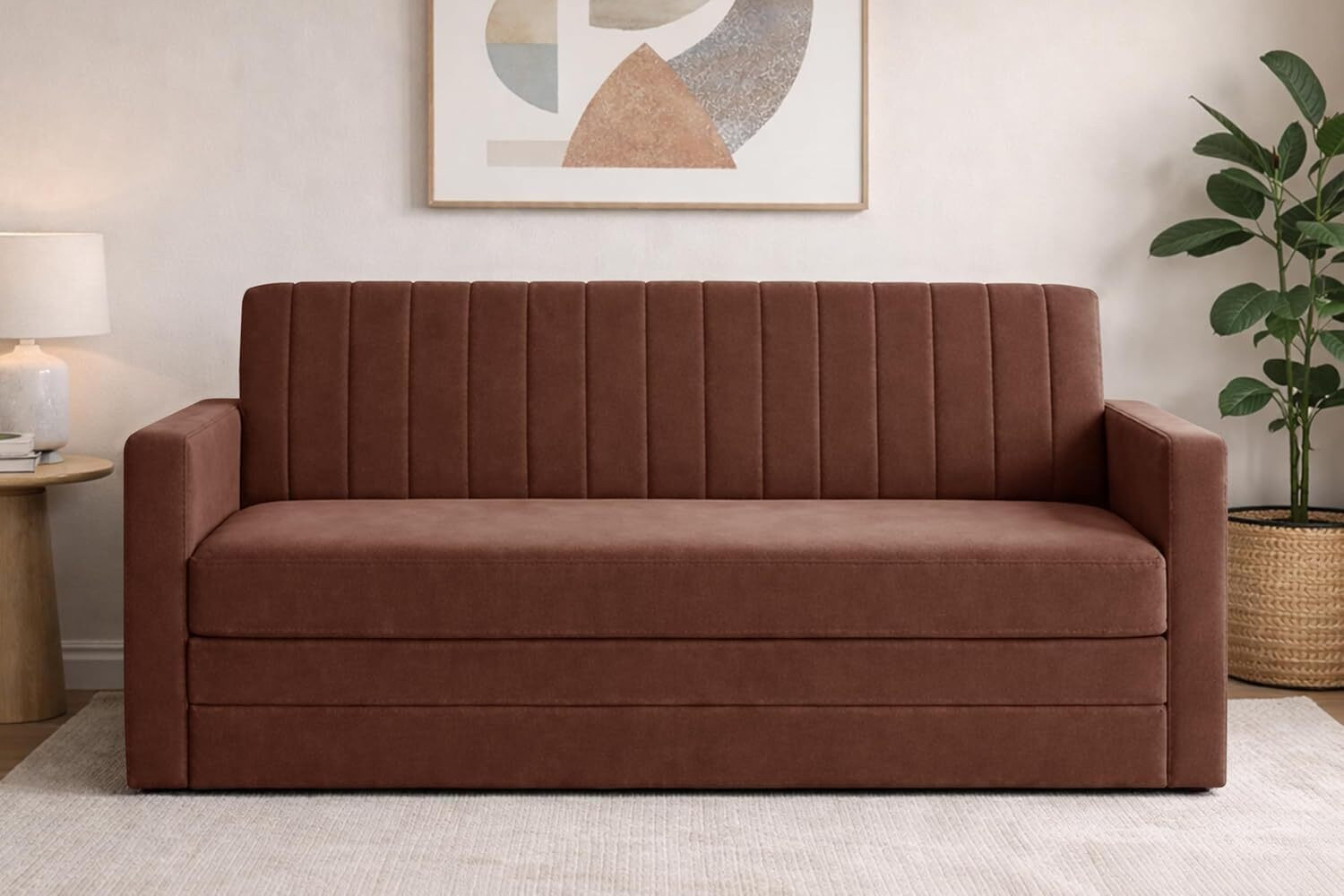 Image of Dr Smith Sofa Cum Bed with Armrest, Velvet Fabric Couch for Living Room 3 Seater Single Foam Fold Out Sofa Cum Bed (Finish Color - Brown Delivery Condition - Pre-assembled)