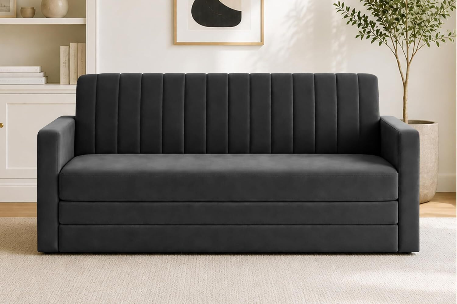 Image of Dr Smith Sofa Cum Bed with Armrest, Velvet Fabric Couch for Living Room 3 Seater Single Foam Fold Out Sofa Cum Bed (Finish Color - Black Delivery Condition - Pre-assembled)