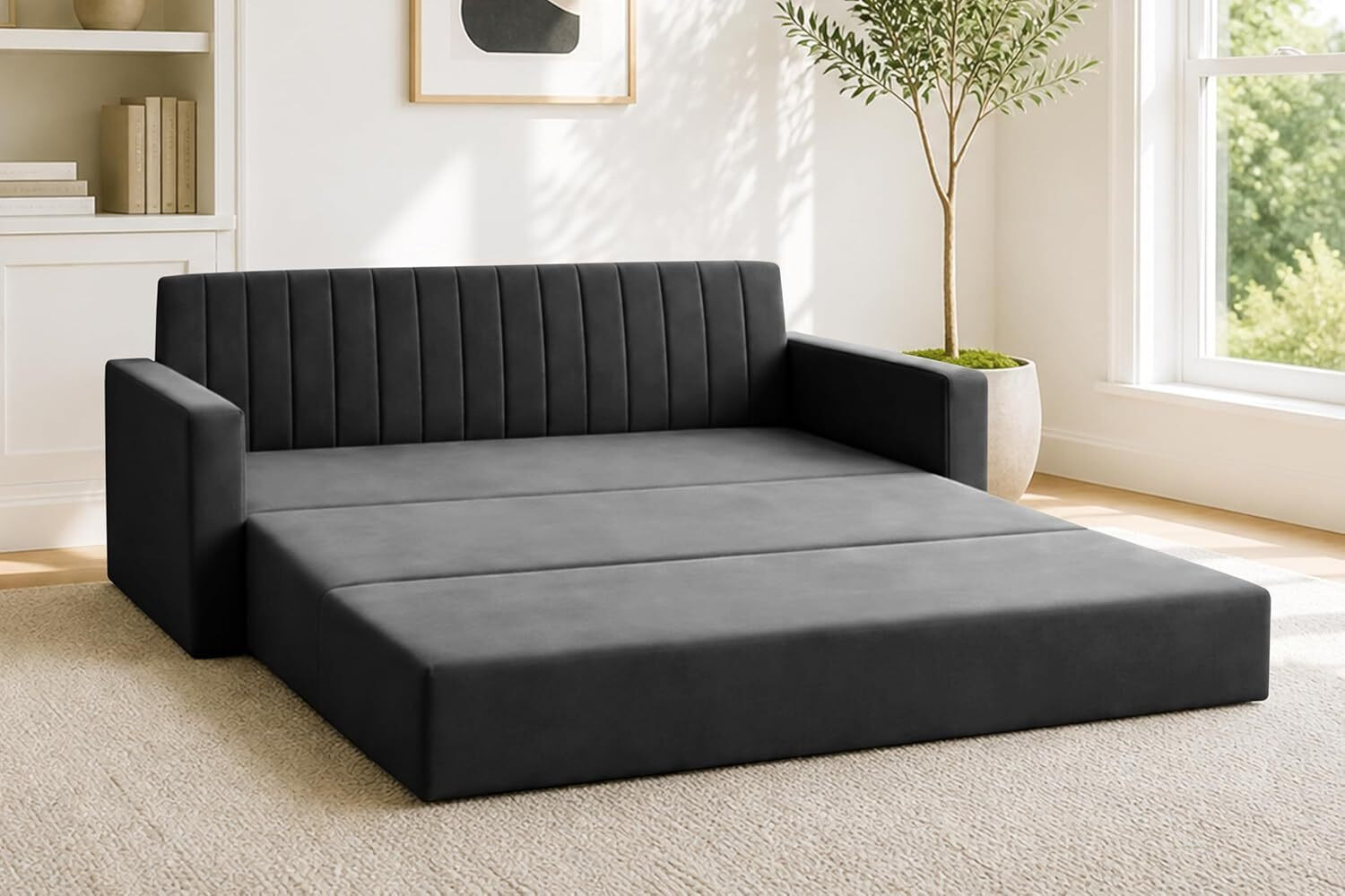 Image of Dr Smith Sofa Cum Bed with Armrest, Velvet Fabric Couch for Living Room 3 Seater Single Foam Fold Out Sofa Cum Bed (Finish Color - Black Delivery Condition - Pre-assembled)
