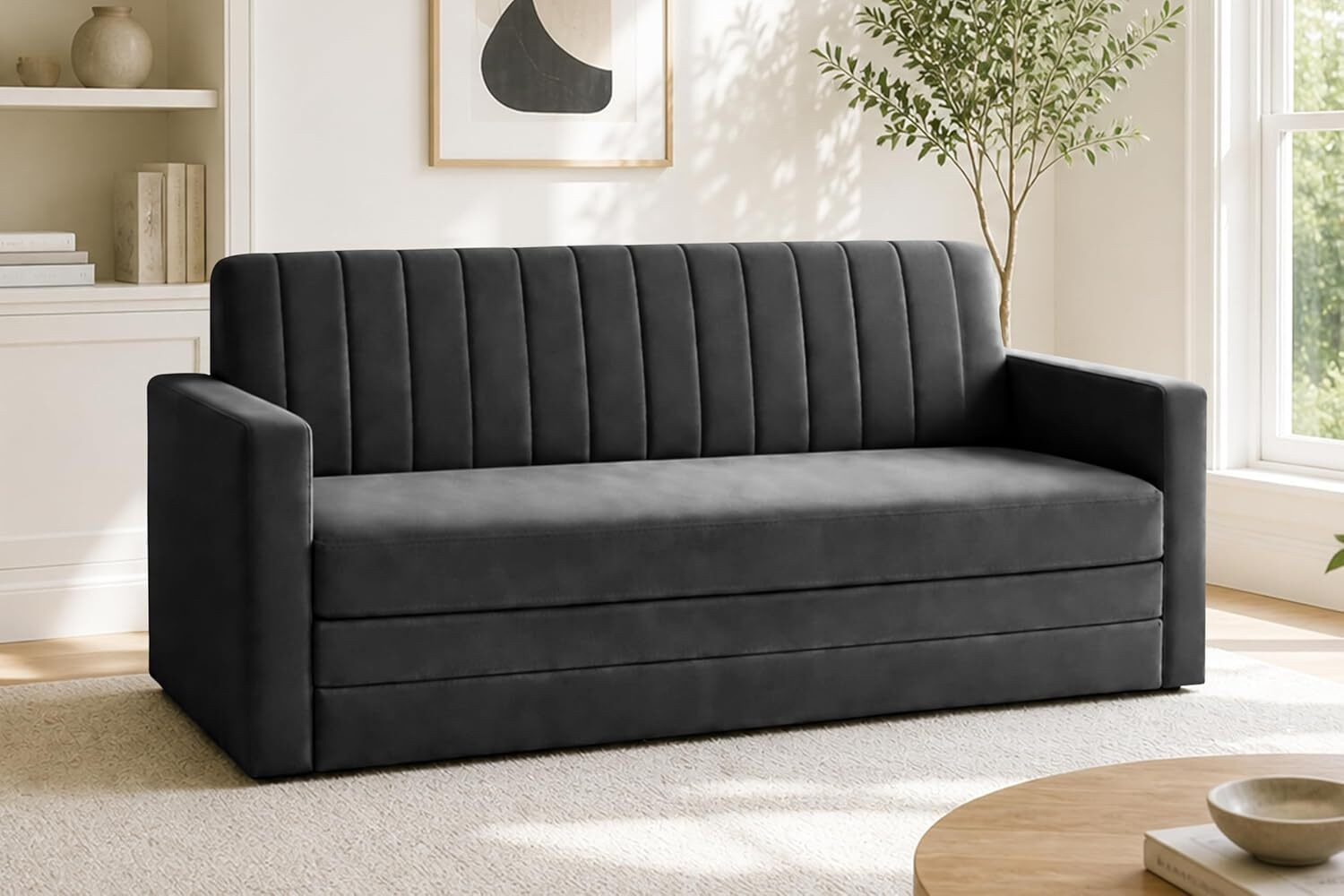 Image of Dr Smith Sofa Cum Bed with Armrest, Velvet Fabric Couch for Living Room 3 Seater Single Foam Fold Out Sofa Cum Bed (Finish Color - Black Delivery Condition - Pre-assembled)