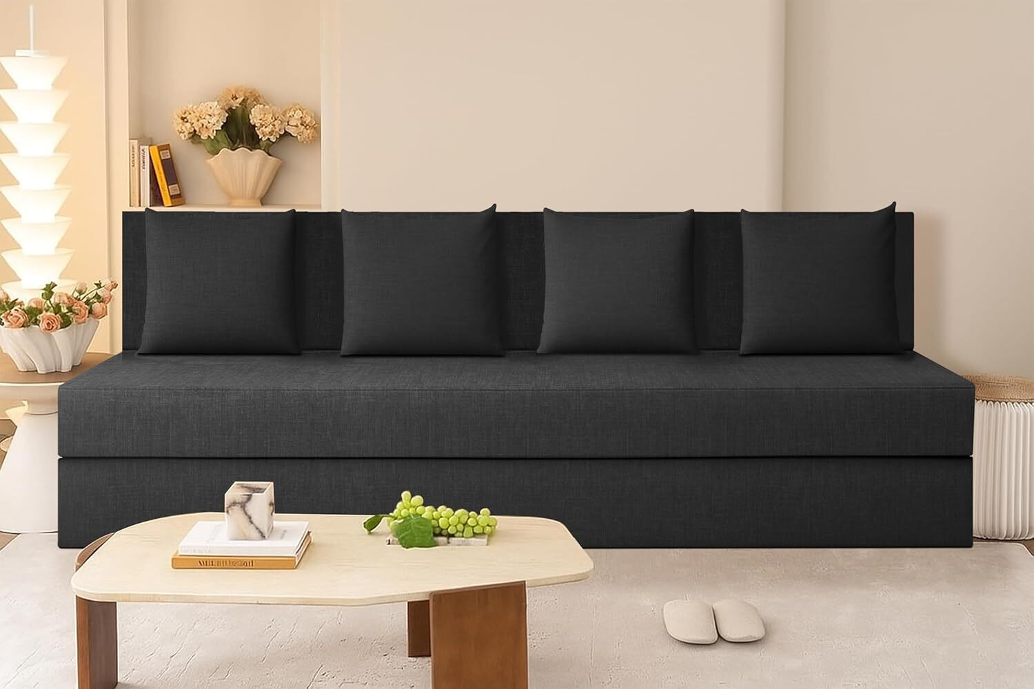 Image of Dr Smith Sofa Cum Bed with Armrest, Velvet Fabric Couch for Living Room 3 Seater Single Foam Fold Out Sofa Cum Bed (Finish Color - Black Delivery Condition - Pre-assembled)