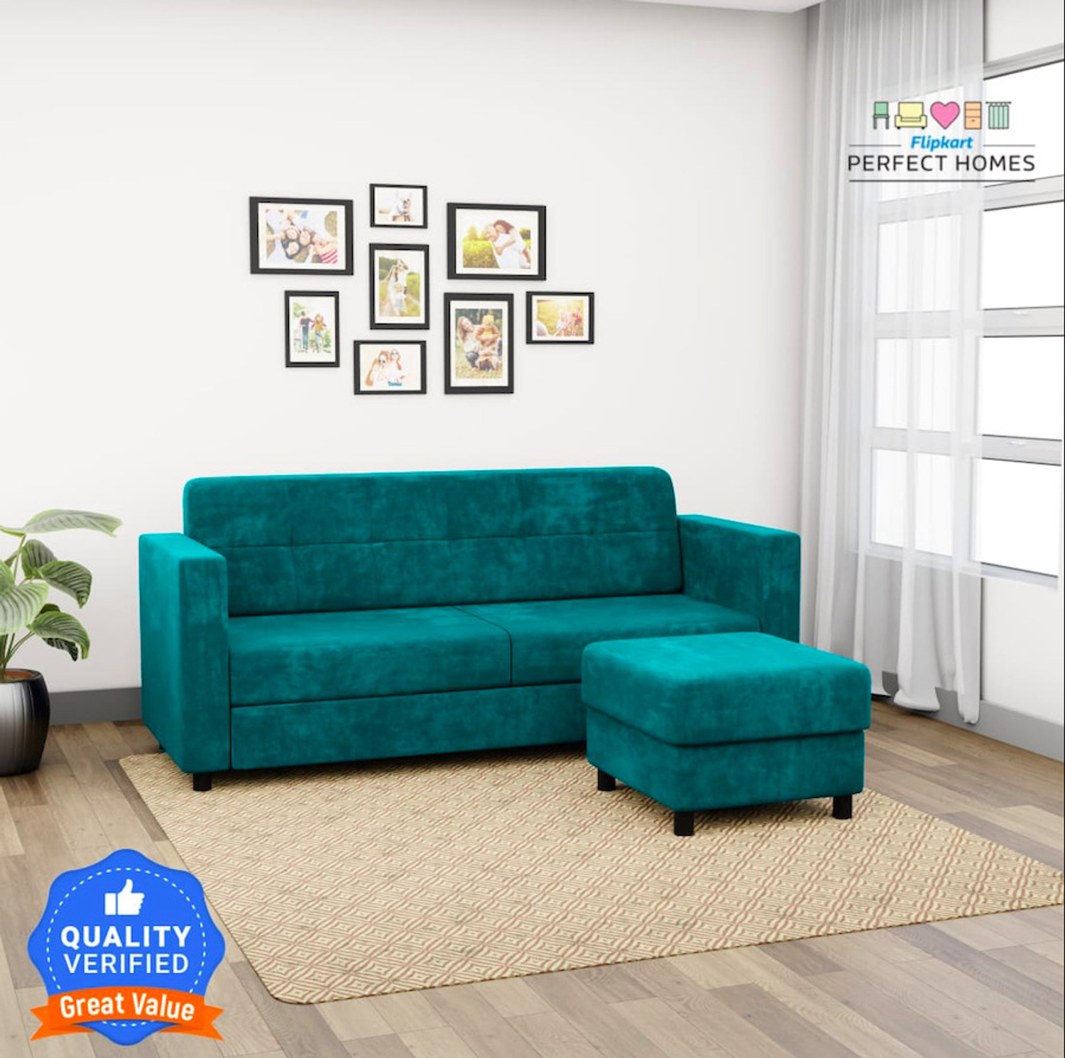 Image of Flipkart Perfect Homes Nora Fabric 4 Seater Sofa (Finish Color - Teal, DIY(Do-It-Yourself))