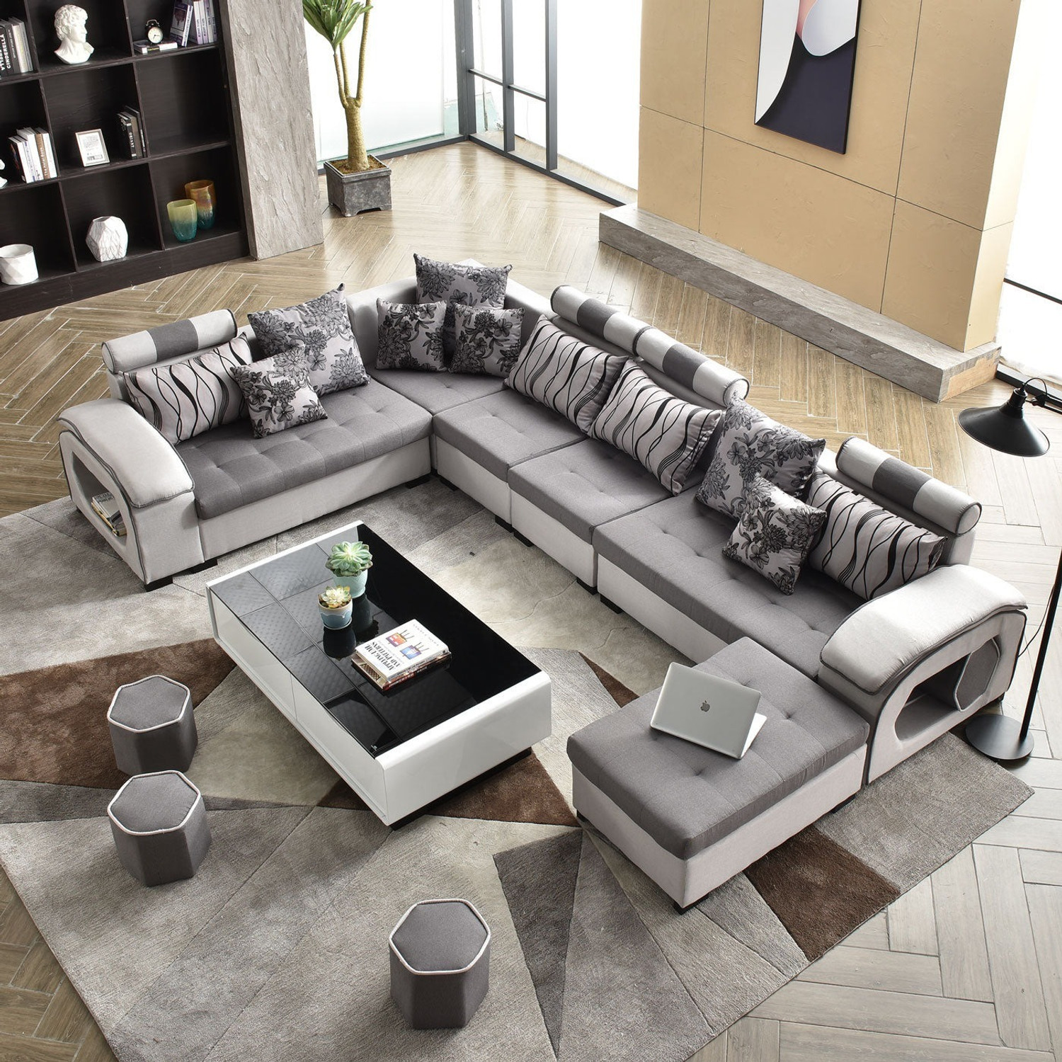 Torque Silvester U Shape 9 Seater Fabric Sofa Set with 4 Puffy (Grey) Fabric 3 + 2 + 2 + 1 Sofa Set