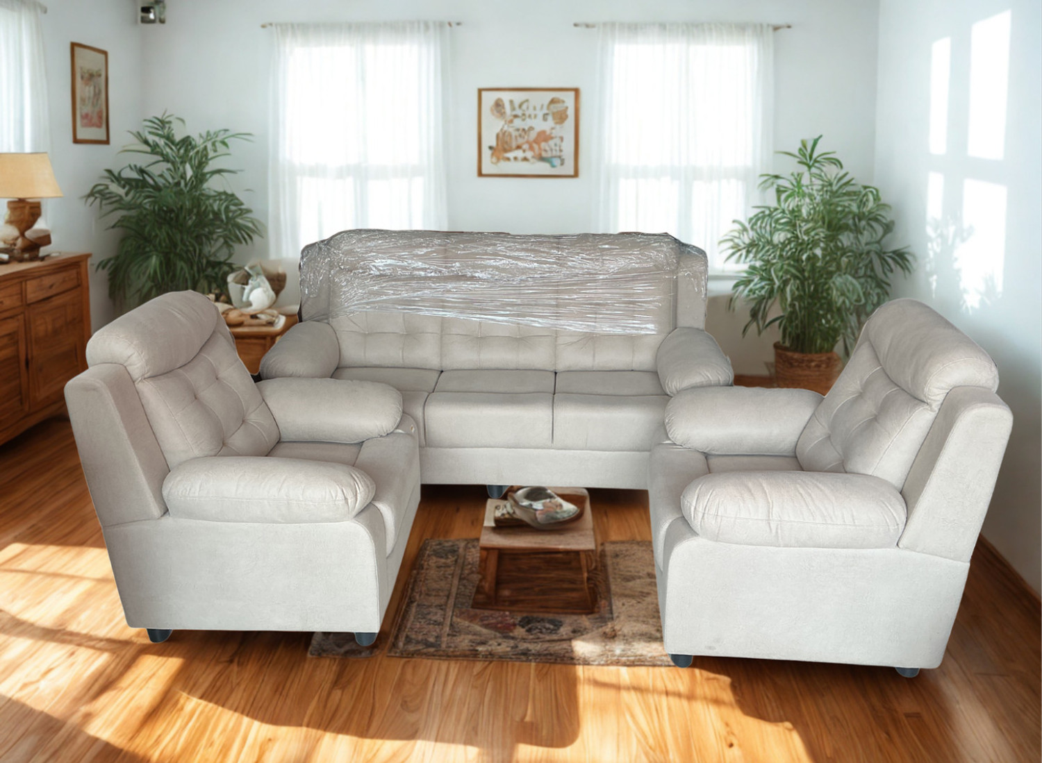 Image of BIHARFT Fabric 3 + 1 + 1 Sofa Set (GREEN, DIY(Do-It-Yourself))