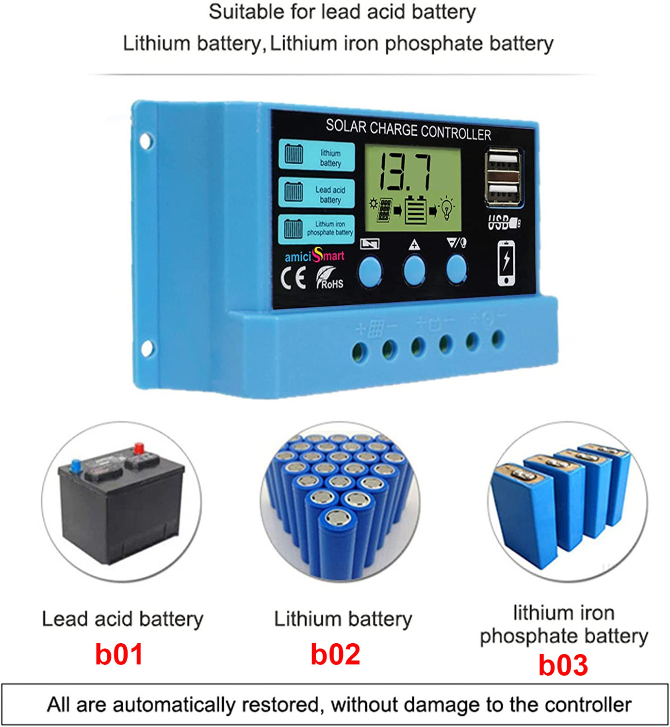 Image of amiciSmart 30A, Intelligent Battery Regulator for Panel LCD Display with USB Port 12V /24V PWM Solar Charge Controller