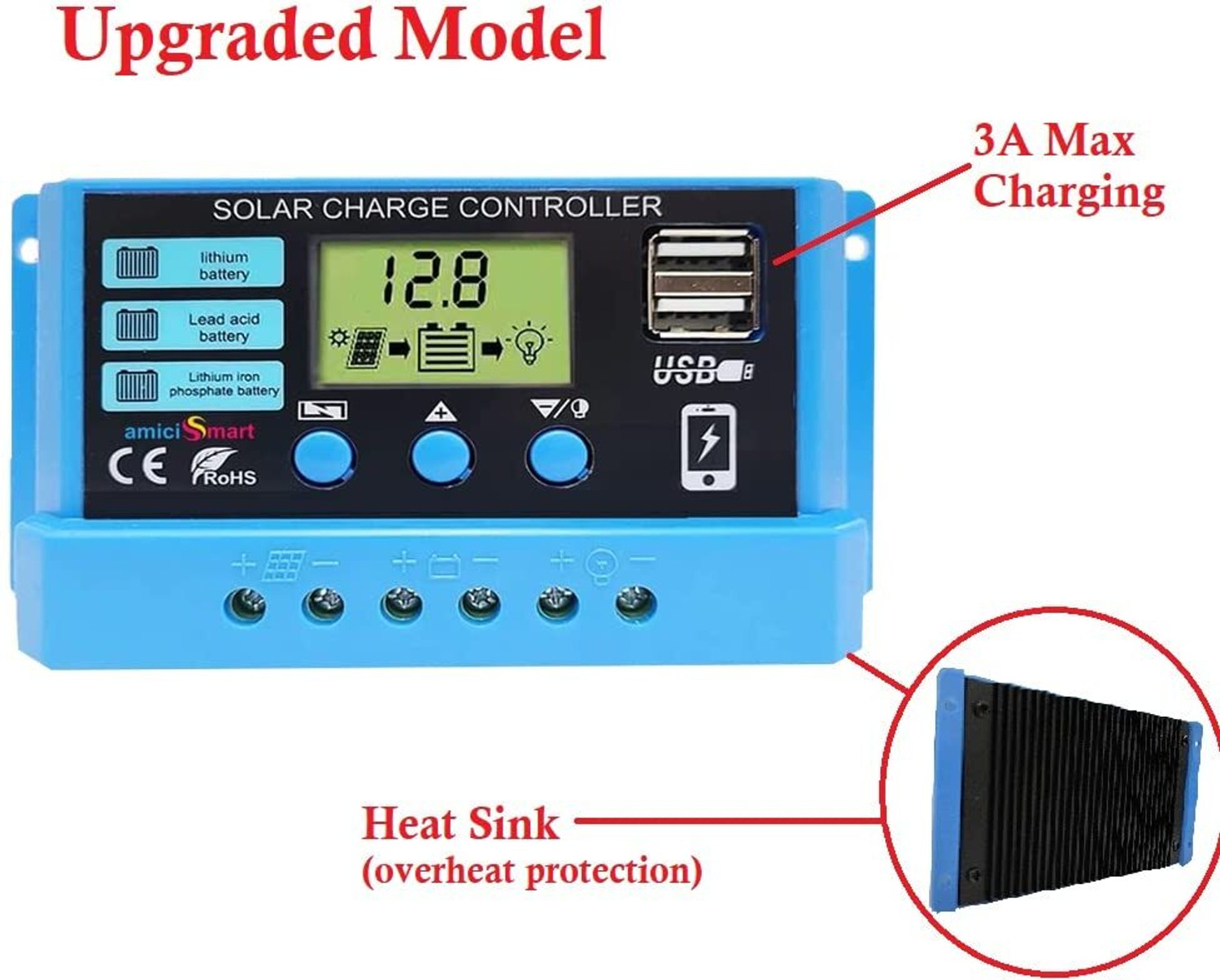Image of amiciSmart 30A, Intelligent Battery Regulator for Panel LCD Display with USB Port 12V /24V PWM Solar Charge Controller