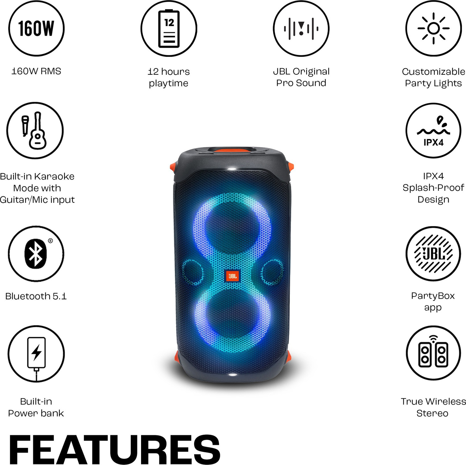 Image of JBL Partybox 110 with,Dynamic Light Show,Upto 12Hr Playtime, App 160 W Bluetooth Party Speaker