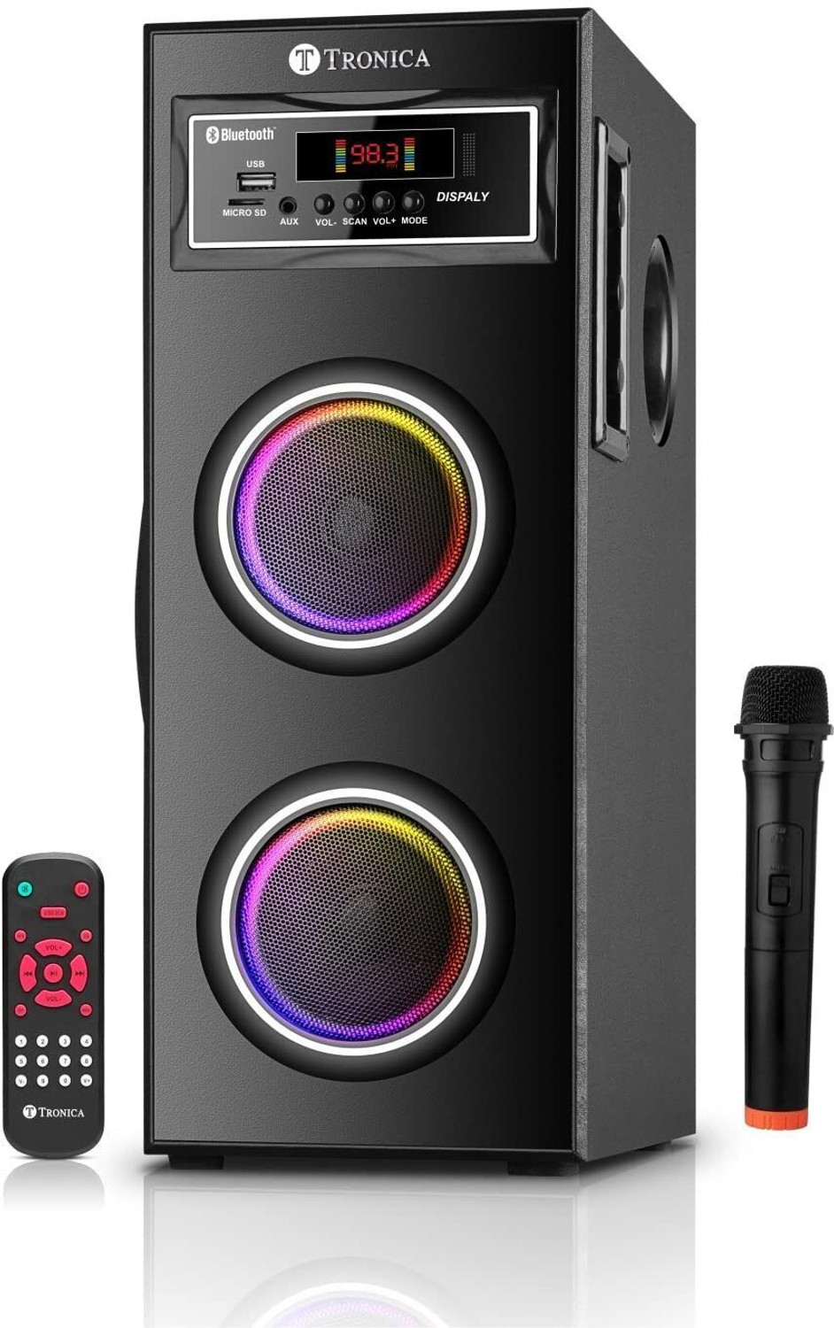 Image of TRONICA Dhwani DJ Bluetooth Tower Speaker with Mic, USB, SD, FM, AUX, TV & Remote 44 W Bluetooth Party Speaker (Black, 2.0 Channel)