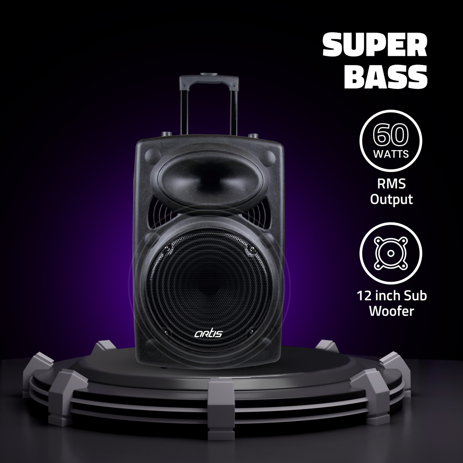 Image of artis BT912 Wireless Trolley Speaker with USB /FM /TF card Reader /AUX In /Mic In 60 W Portable Bluetooth Party Speaker (Black, Stereo Channel)