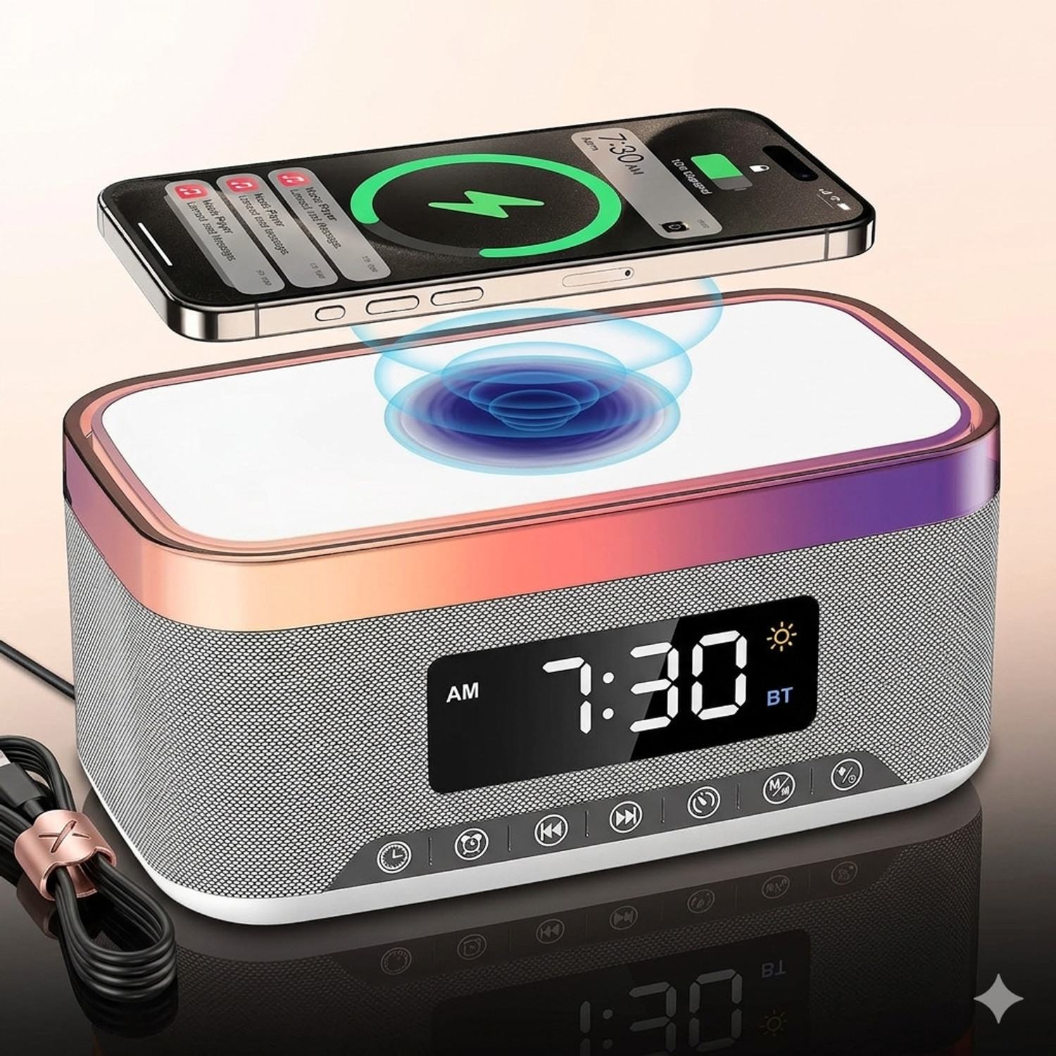 Image of Acer AlarmClock|15W wlessCharger|13 RGB Effect|1800mah|White |12 /24H|LED Display 10 W Bluetooth Speaker (White, Stereo Channel)